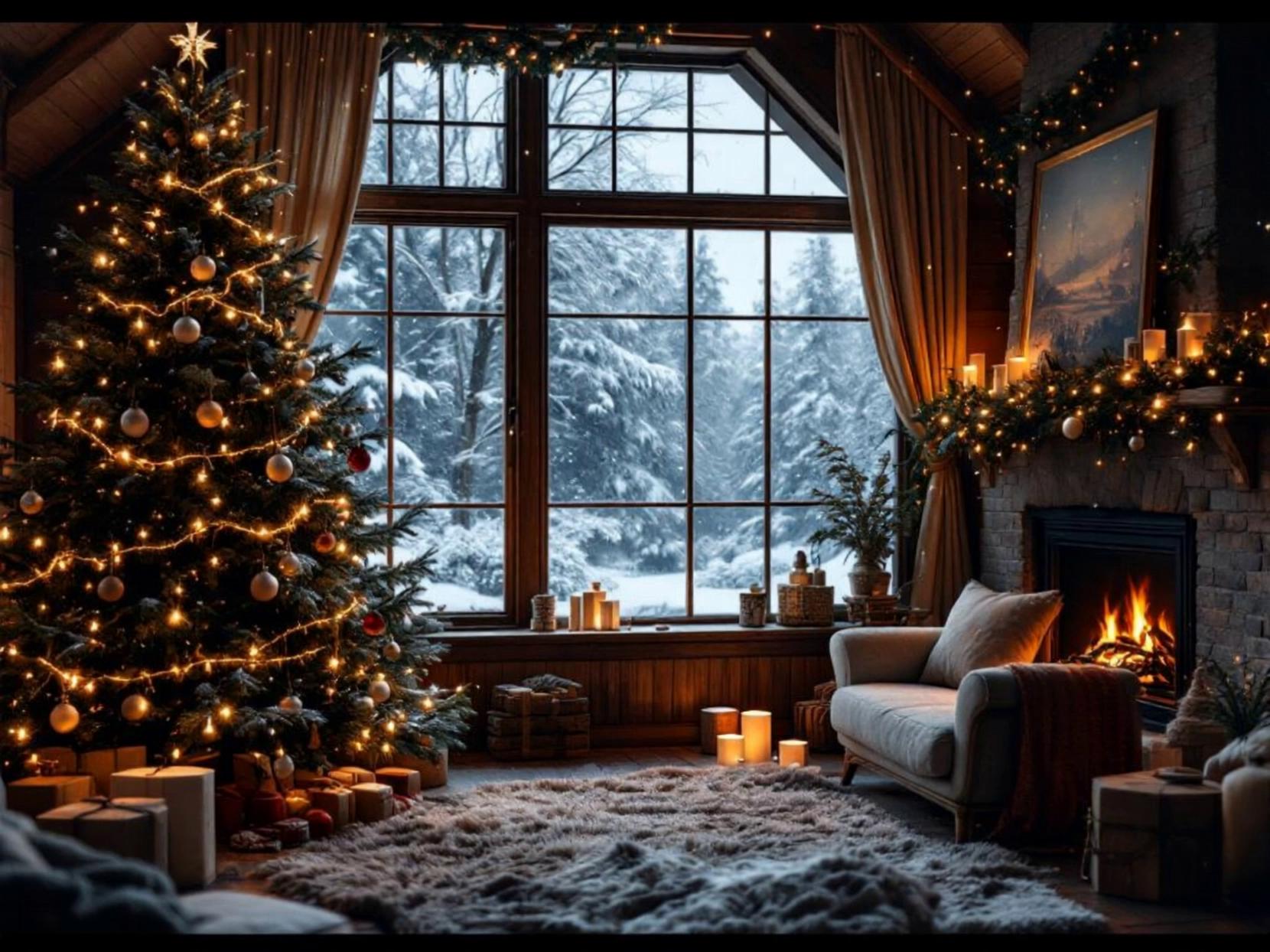 Prompt: Make it snow outside. Cat on sofa moving slow. Guitar next to Christmas tree. Fireplace  movement and Christmas lights movement.