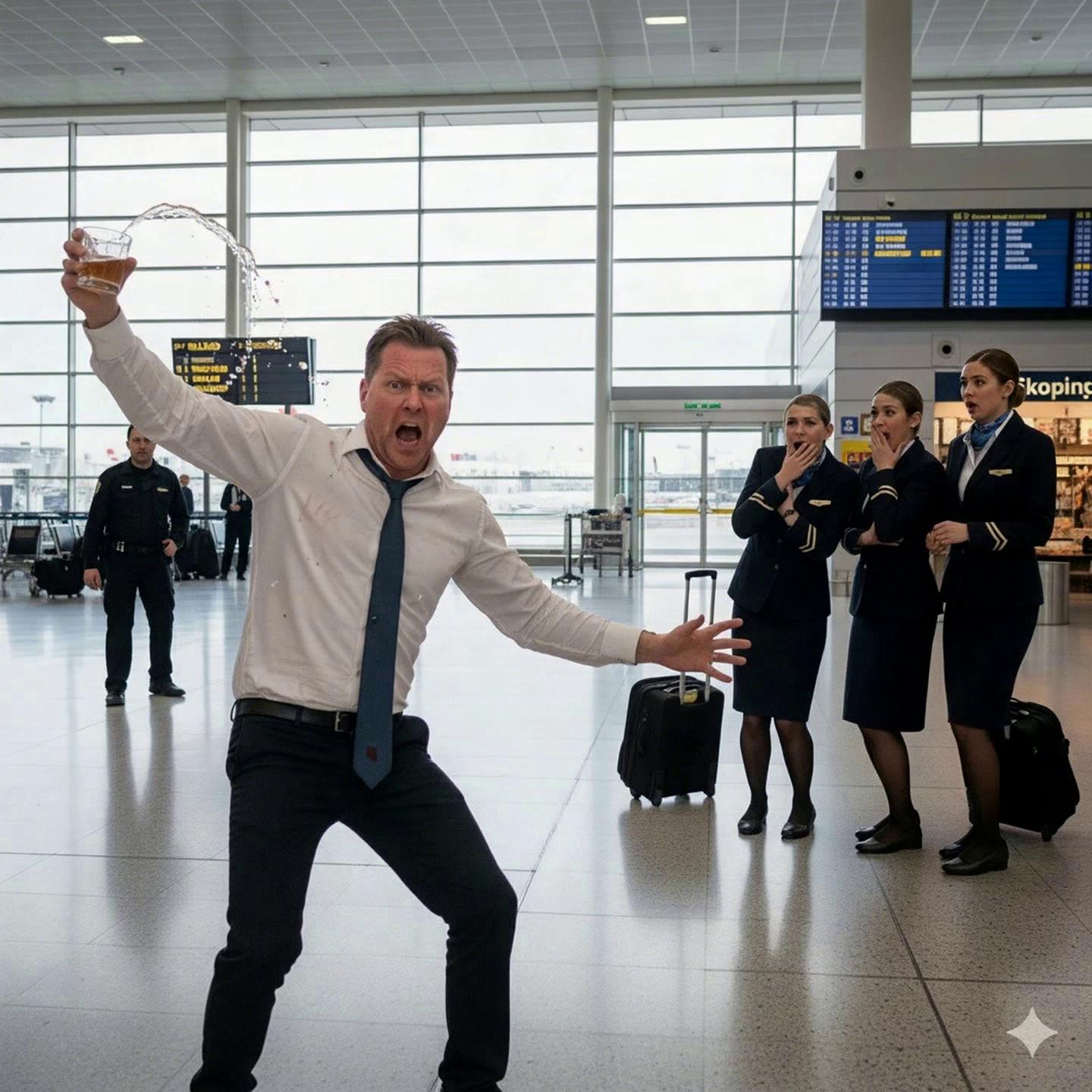 Prompt: A man is causing a disturbance at an airport. In the background, black smoke rises as audit office employees appear and grab the man by his shoulders. The scene is dramatic and cinematic, with the man in the center of the frame.
