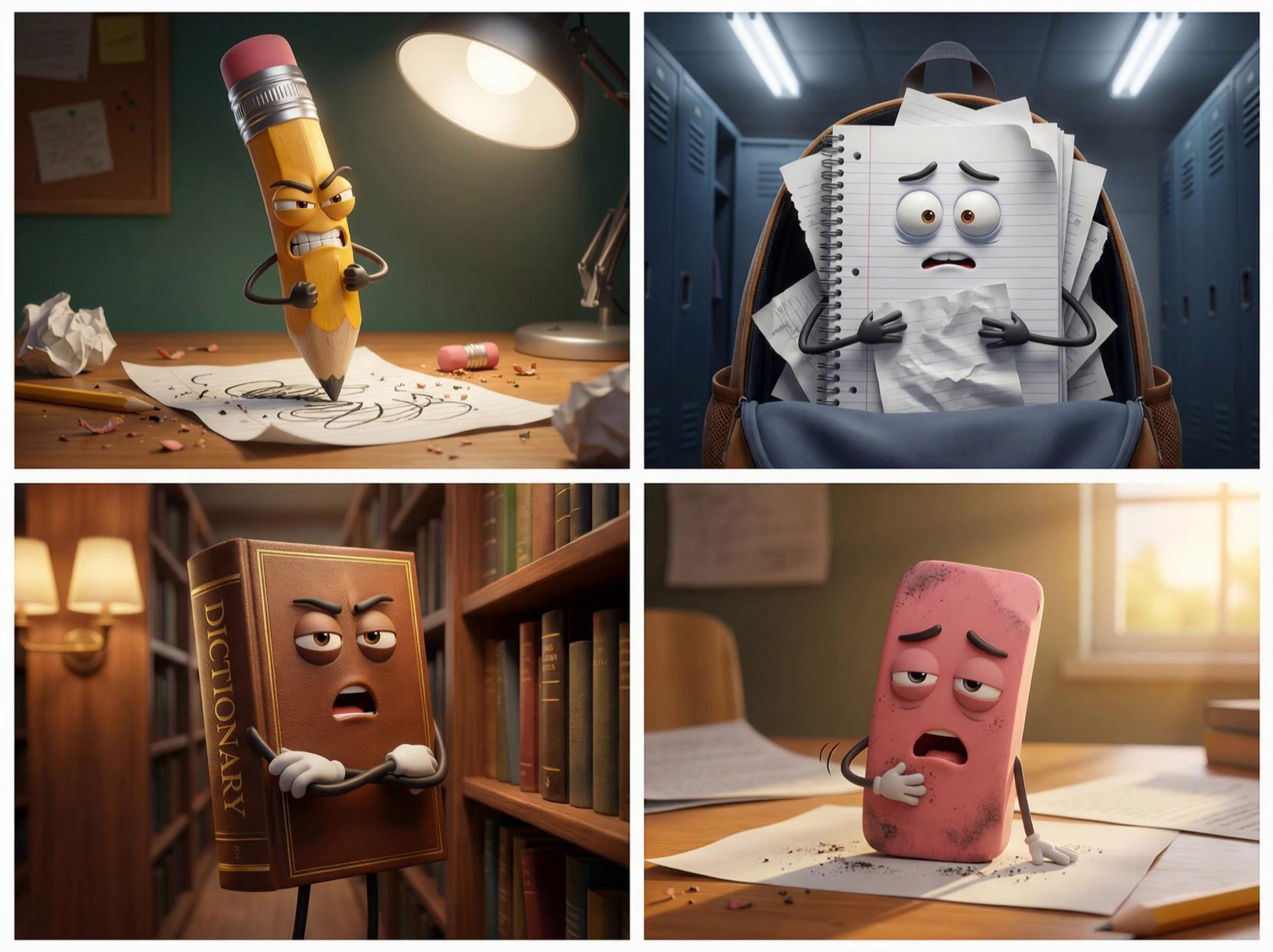 Prompt: Scene: warm classroom lighting, chalkboard blurred in the background with faint sentence diagrams, cinematic Pixar glow and soft depth-of-field🎬 10-Second ScriptStop butchering that sentence.I contain centuries of structure, logic, and precision.Commas save meaning — misuse them and chaos wins.