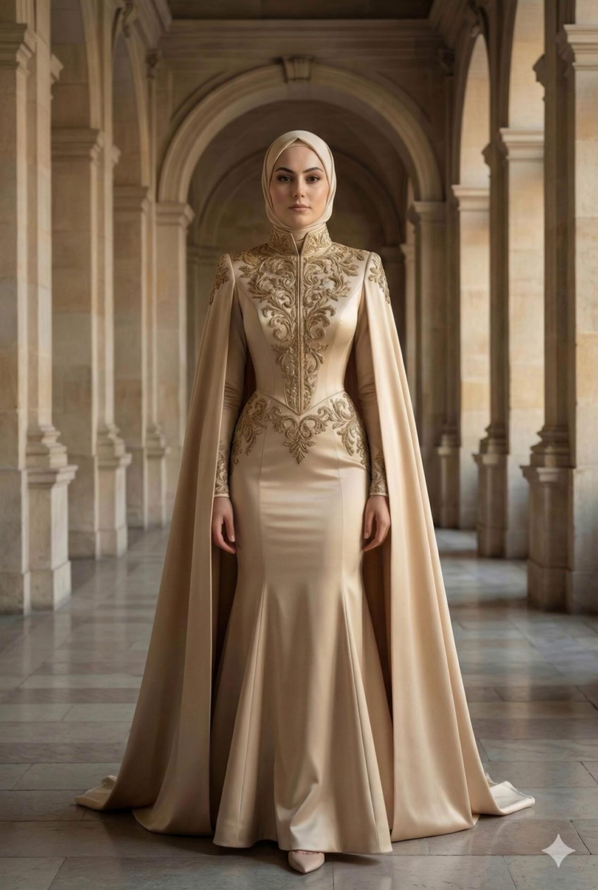 Prompt: A cinematic high-fashion video inspired by Italian Renaissance couture.

A hijabi woman wearing a fully modest Italian couture gown with a sculptural mermaid silhouette and structured bodice.
High closed neckline, long fitted sleeves, no transparency.
Matte silk satin fabric in champagne and ivory tones with refined baroque embroidery.

A heavy, floor-length cape attached at the shoulders.

Minimalist sculptural hijab, fully covering hair, neck, ears, and collarbone.
Smooth, opaque fabric, architectural wrap.

Scene:
Set inside an elegant Italian palace corridor with stone arches and soft natural light.

Movement:
The woman gently lifts the edge of her cape with one hand and gracefully sweeps it backward.
She slowly turns her back to the camera with controlled elegance.
After turning, she walks away from the camera at a calm, deliberate pace.
The cape follows her movement with subtle weight, no flying.

Camera:
Slow, smooth camera tracking from behind as she moves away.
Full-body framing, showing the entire gown length and refined silhouette.

Lighting:
Soft diffused daylight, warm highlights, elegant shadows.

Mood:
Elegant, composed, aristocratic.
Calm power, timeless couture presence.

High-end modest fashion film, luxury Italian couture aesthetic, ultra-realistic, cinematic quality, 4K.
fast movement
aggressive cape motion
flying fabric
strong wind
spinning
dancing
dramatic gestures
exaggerated arm movement
influencer style
smiling
flirtatious expression
romantic dreamy mood
visible hair
visible neck
visible ears
sheer fabric
transparent sleeves
open neckline
slit skirt
glossy cheap fabric
party dress
modern studio background
black background
shaky camera
handheld look
oversaturated colors
fantasy fairy tale
anime
cartoon
low quality
blurry

