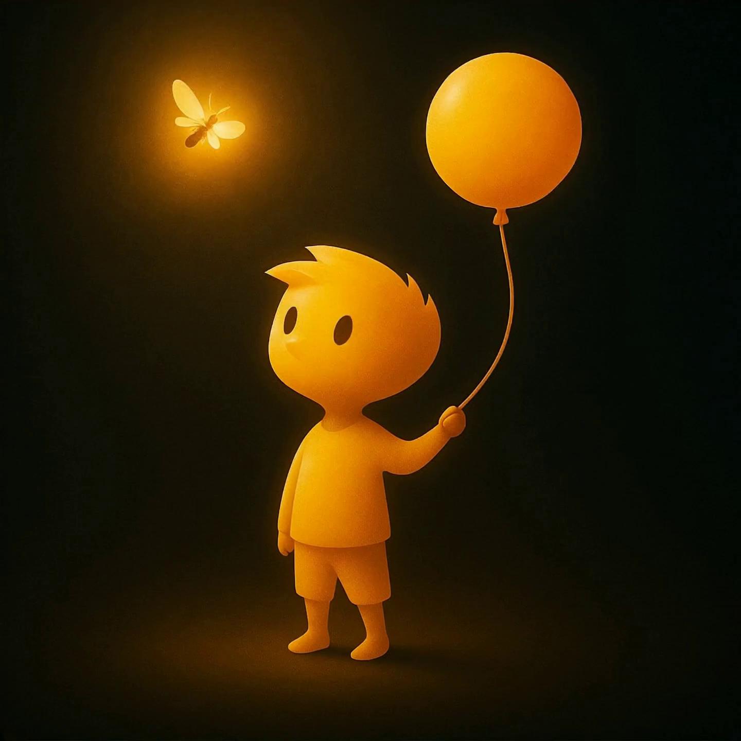 Prompt: Create a short animation featuring a minimalist yellow silhouette of a boy holding a balloon, standing in darkness. A glowing firefly enters from the left, dancing gently around him, casting soft light on his face. The boy looks up in wonder, and the firefly circles the balloon. It hovers near the boy's face before slowly fading into light. The logo (the boy with the balloon and firefly) remains still at the center for a second as the glow dims. Mood: hopeful, curious, warm. Style: soft lighting, 2.5D/flat animation. The design should maintain simplicity and focus, with gentle movement that evokes curiosity and wonder, keeping a minimalist aesthetic.