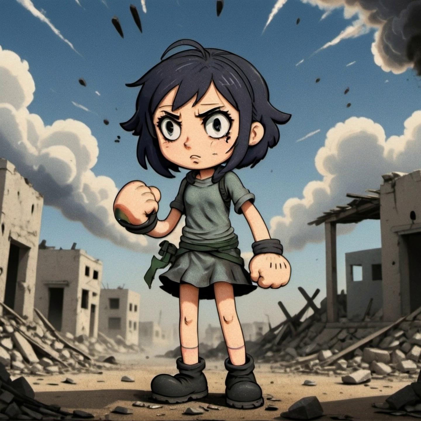 Prompt: The air was thick, not with the smell of the sea, but with the metallic tang of smoke and the fine, choking grit of pulverized concrete. Eight-year-old Laila opened her eyes. For a moment, the world was a swirling, crimson-tinged haze. Her small body ached, feeling heavy and strange.
She pushed herself up, her elbows grinding against sharp rubble. A sudden shaft of weak morning light pierced the dust cloud, illuminating her. She was coated head-to-toe in a grim tapestry: the gray-white powder of the collapsed building mingled with dark, drying smears of blood—some her own, mostly not. Her bright yellow t-shirt was unrecognizable.