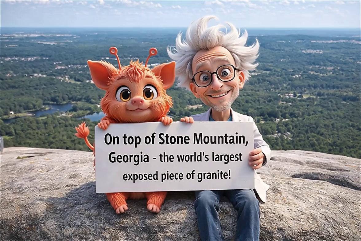 Prompt: as a strong breeze blows, handheld camera shot, a little shaky, hovering in front of these characters and the man with the white  says "we're on the top of Stone Mountain here in the southeastern United States. And as far as I know, you are not."