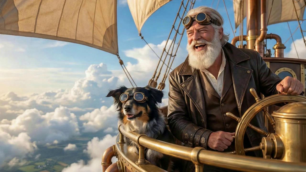 Prompt: Opening shot, the man asks the dog, “What do you want to do today, Fiona?” The dog looks at the man and says in a female voice with an Australian accent, “Take over the world!” followed by a happy howl!
The camera pulls back as they fly away.