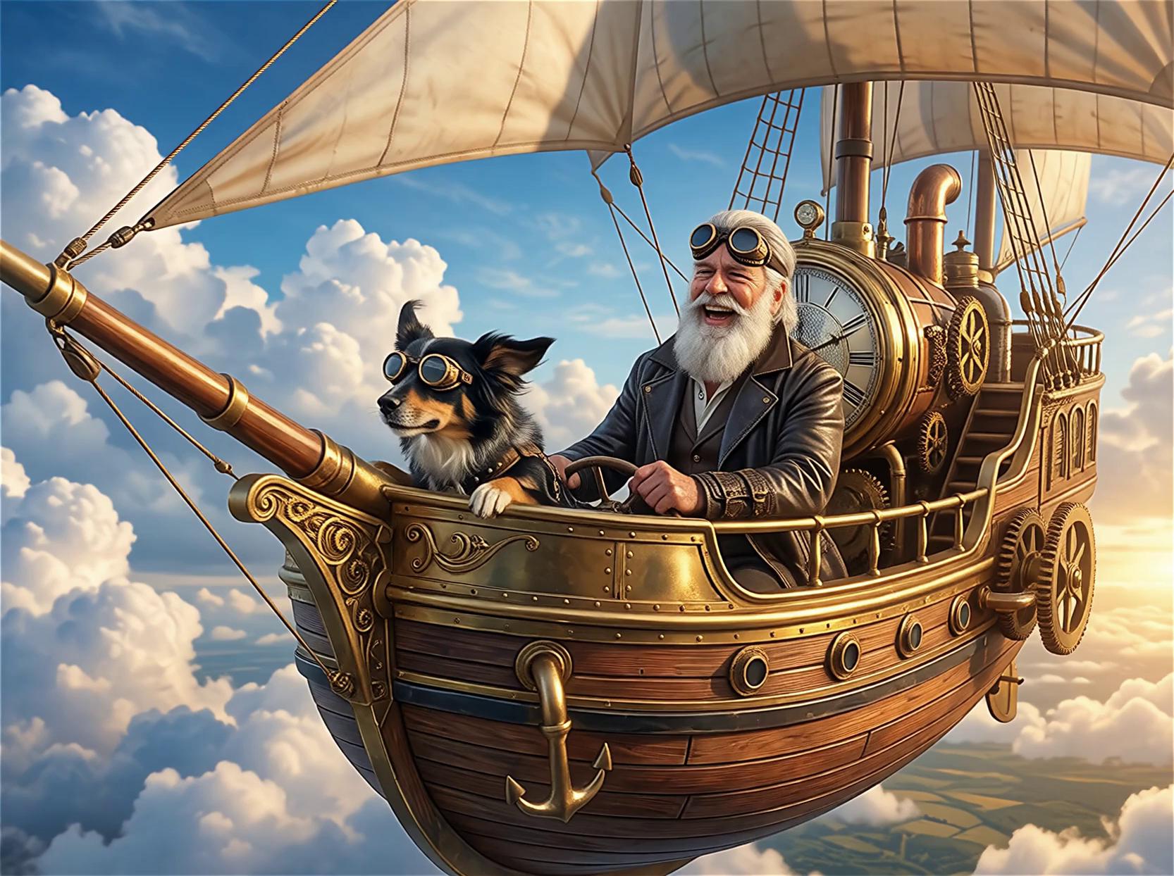 Prompt: The man and dog are flying the airship through the blue skies and fluffy clouds. The wind blow through their hair.  The turbulence makes them laugh! The camera pulls back as they pass