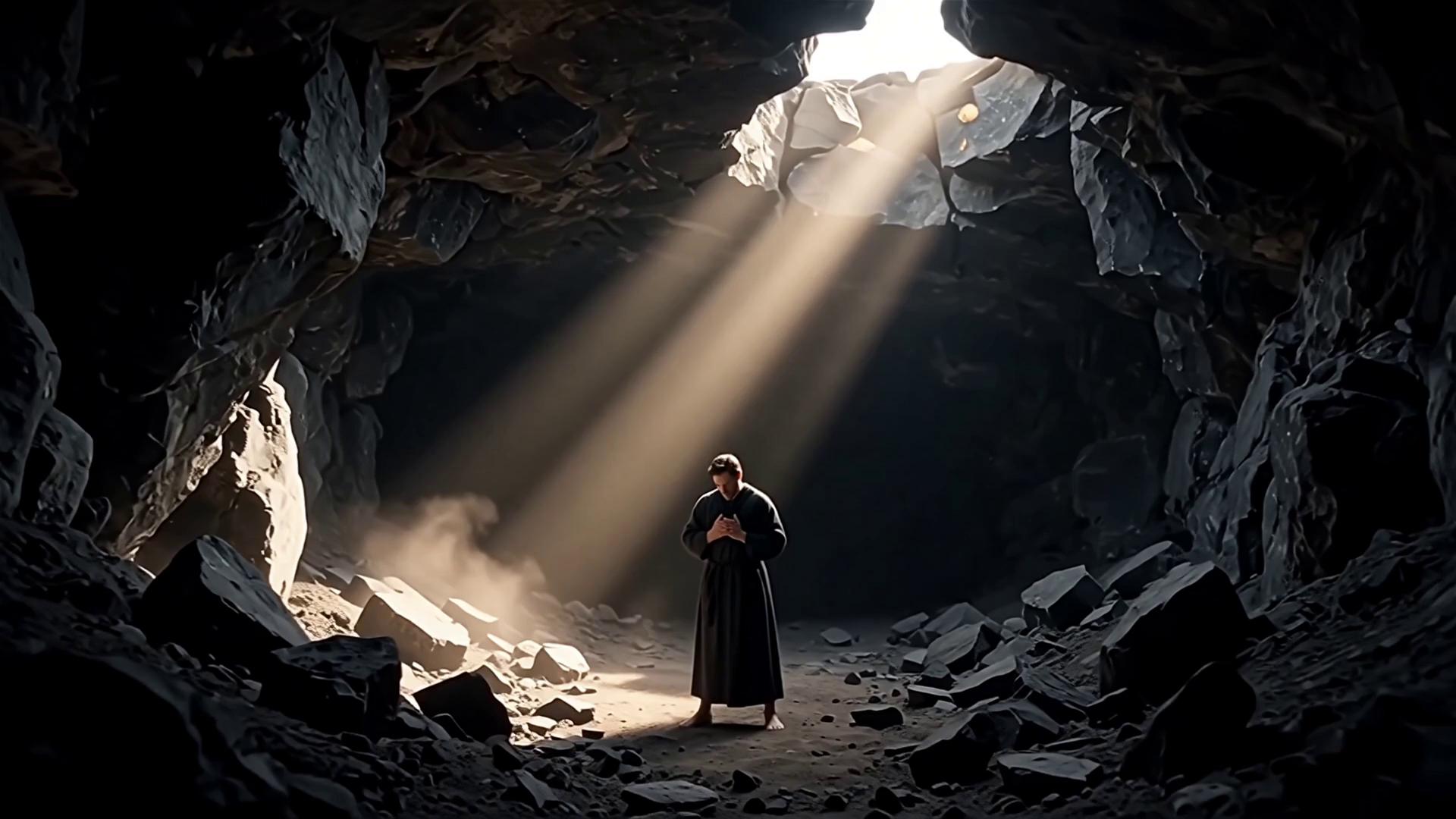 Prompt: In a dark, foreboding pit surrounded by craggy stones, Daniel stands at the center, his expression a prayerful and resolute bravery. Above him, shafts of brilliant light break through the oppressive shadows, casting an ethereal glow that envelops him like a protective shield. Around him, a pride of fierce lions, their golden manes ablaze with the interplay of light and shadow, suddenly halt mid-pounce, their predatory instincts transformed into a serene curiosity. The atmosphere crackles with tension, yet the light imparts a sense of calm, illustrating the battle between fear and faith. Dust motes float in the air, glittering in the luminescence, while the deep growls of the lions soften, replaced by a tranquil stillness; this is a moment of divine intervention. The image can be rendered in dramatic, cinematic lighting to enhance the contrast between darkness and light.