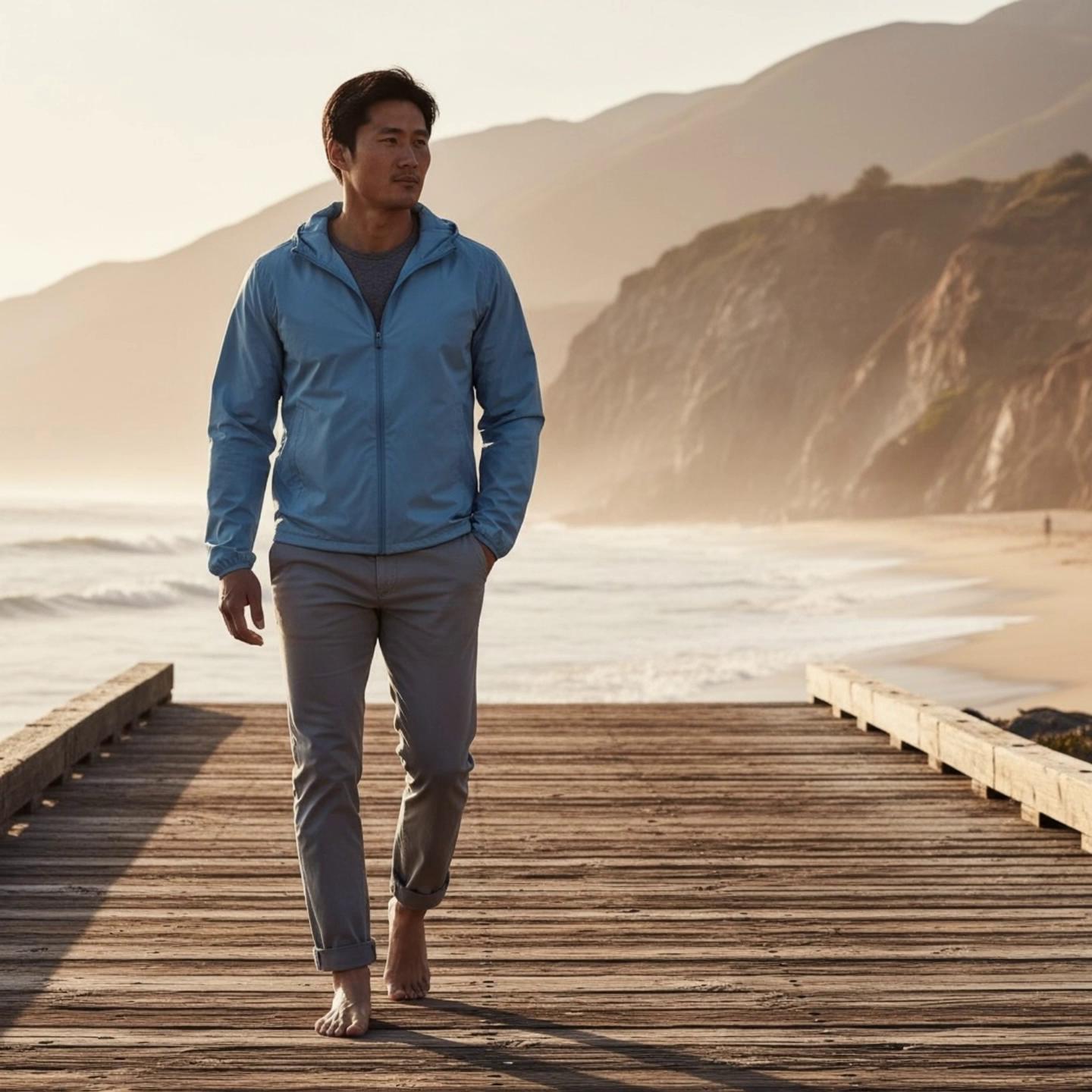 Prompt: 35mm lens, cinematic realism, shallow depth of field with creamy bokeh on distant hills. Slow forward dolly tracking toward subject at walking pace, subtle parallax as boardwalk planks pass underfoot. Character walks directly toward camera with relaxed barefoot stride, natural hip sway and arm swing, toes flexing slightly on wood texture. Eyes lock steadily into lens, calm and present gaze, faint upward curve of mouth in quiet confidence. Golden hour backlight rims hair and jacket edges, gentle wind ripples fabric and lifts stray strands. Ocean waves roll in softly behind, foam receding rhythmically, distant mist drifts across cliffs. Serene coastal atmosphere, warm skin tones against cool sea haze, fluid humanlike motion, 60fps natural physics.