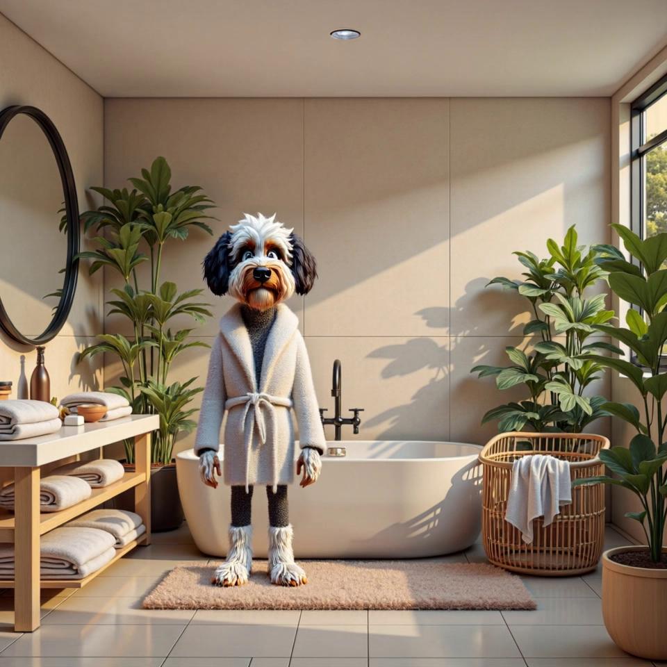 Prompt: Deacon starts off standing at the sink facing the mirror. camera slowly pans out and Deacon turns and slowly walks towards the center of the room.  