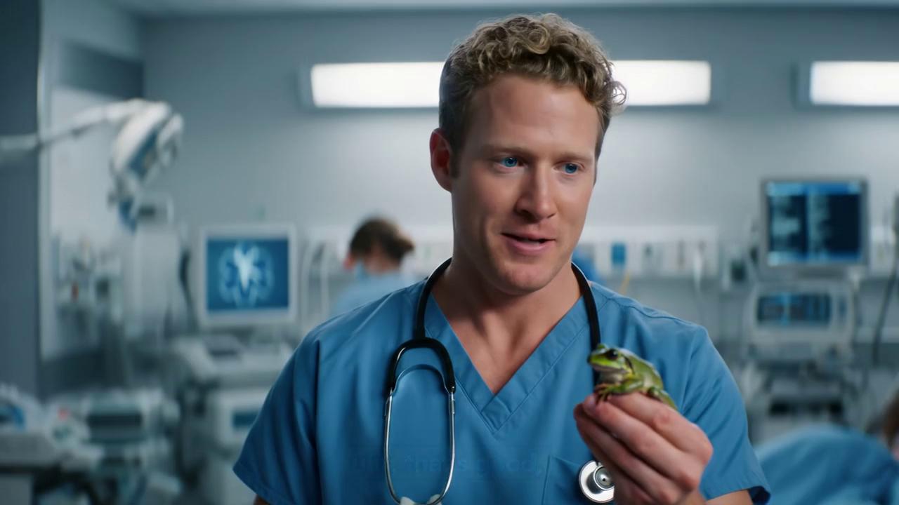 Prompt: An emergency medicine specialist, male, with blue eyes, short curly blond hair, wearing light blue scrubs, in an emergency room setting. A stethoscope is around their neck. They hold a colorful rainforest frog in their hand. The specialist sighs, says 'uffff, that's good,' licks directly passing the tongue in the frogs back, and then acts ecstatic laughing."