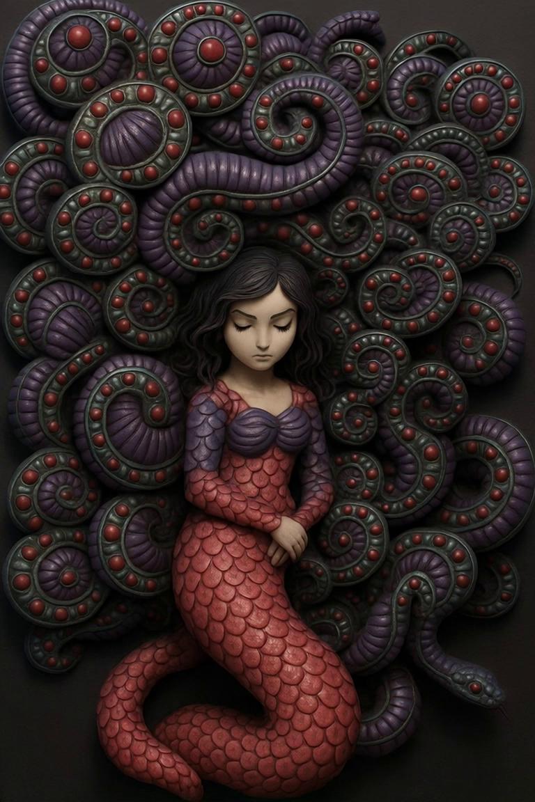 Prompt: A surreal 3D animated scene of a Medusa-like woman with eyes closed, surrounded by hypnotic, serpent-like tendrils and spirals in vibrant teal and violet. The camera slowly pushes in on her serene face as the background tentacles gently writhe and undulate like living serpents, glowing red orbs pulsing with light. Her hair softly flows in a windless current, as if underwater. Subtle magical particles shimmer around her, suspended in the air. As the camera nears, her fingers twitch slightly, and her body shifts subtly, hinting at an awakening. The atmosphere is dreamlike, with ambient light and a soft mystical glow radiating from the red orbs. Final frame lingers on her face with a slight breeze parting her hair."

🎥 Scene Settings
Camera Movement: Slow dolly-in, slight parallax motion for depth

Style: Smooth 3D claymation or soft-resin texture

Frame Rate: 24 fps

Length: 10 to 15 seconds

Loop Type: Seamless loop (return to resting pose)

Lighting: Ambient with glowing red orb highlights and soft shadows

VFX (if supported):

Hair sway animation

Background tentacle ripple

Orb pulsing light (red-orange bloom)

Light sparkle particles in air