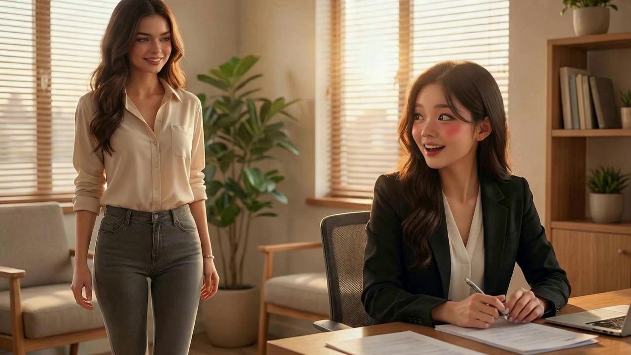 Prompt: @Liam entered to @Xi’s  office. @Lia introduced her self to @Xi. When @Xi saw @Lia @Xi felt so good. @Xi and @Lia shook their heads for a while. Some one knocked on the door and @Xi and @Lia shocked and they both kept distance.