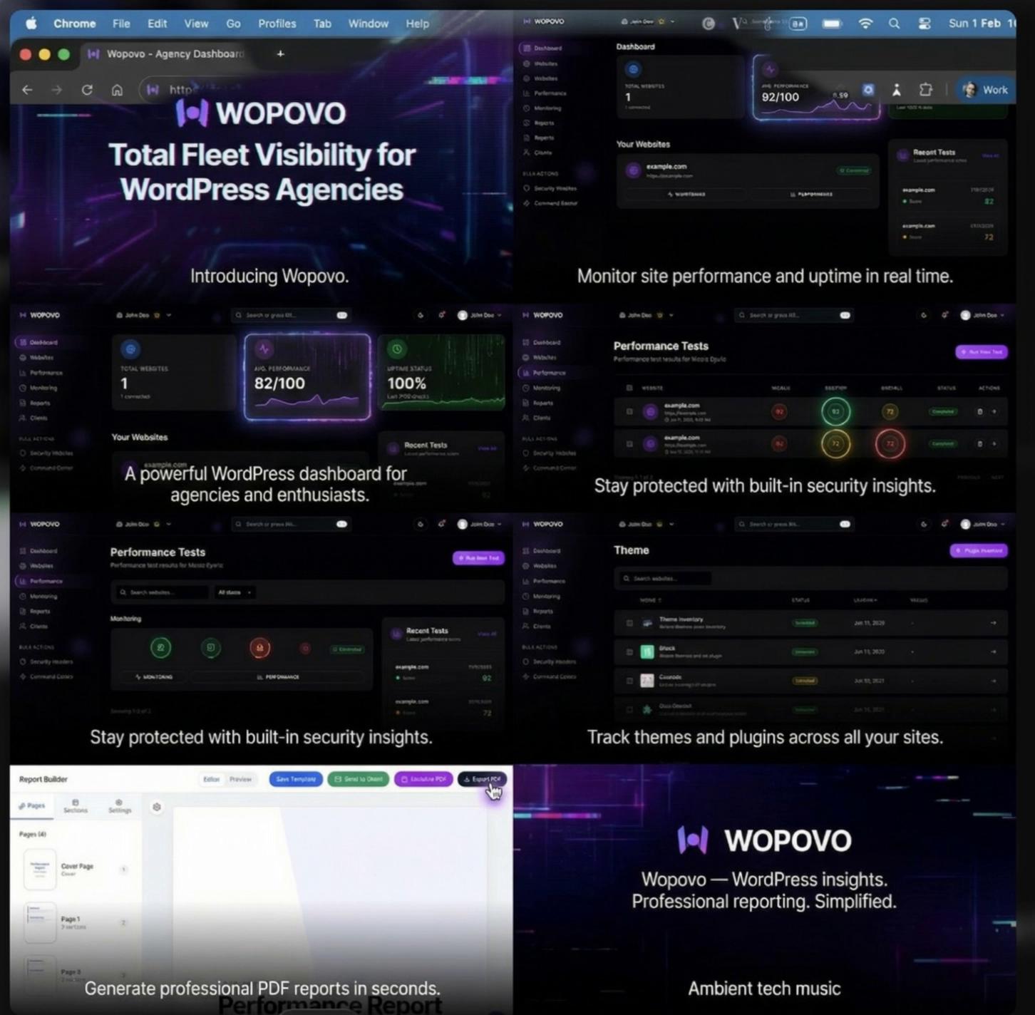 Prompt: @voice-1771262713687Create a 10-second professional SaaS promo animation using the provided dashboard image.Preserve the original layout exactly and keep all text sharp, readable, and undistorted.Use slow, smooth camera motion with a gentle zoom and subtle light reflections to bring the interface to life.Add minimal blue and purple neon glow accents and soft digital particles in the background to create a modern high-tech atmosphere.Do not add overlays, captions, or extra text.Do not distort letters or interface elements.Keep the UI clean, stable, and fully readable.End with a subtle focus on the dashboard and logo.Style: modern dark tech, futuristic SaaS interface, clean and professional.Motion: minimal, smooth, stable.Mood: trustworthy, premium technology.preserve exact UI, stabilize elements, no warped text, no overlapping graphicsVOICE: Introducing Wopovo.Monitor performance, security, and uptime in one powerful dashboard.Generate professional reports with clarity and confidence.
