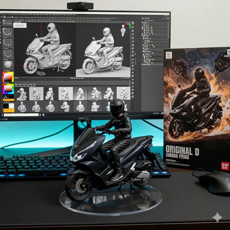 Prompt: @Boom Zepol: Ito yung prompt; Two hands gently pick up the figure in the frame and rotate it slightly for inspection.
The model on the computer screen and the model printed on the packaging box remain stationary, while all other background elements stay unchanged.