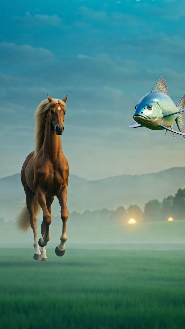Prompt: A horse and a fish coming together and morphing into a combined creature 