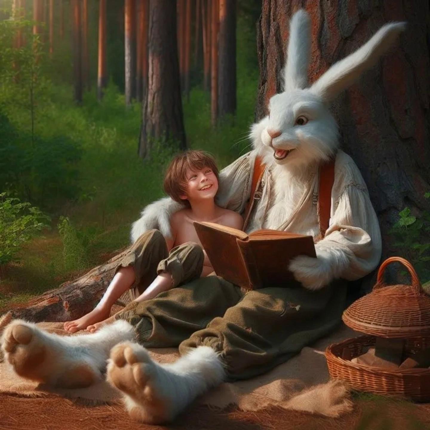 Prompt: A sweet tale of a unique friendship. make this be REAL and sitting together READING, with a picnic basket is inspiring. Forest setting is somewhat sunlit, the grass is always Green