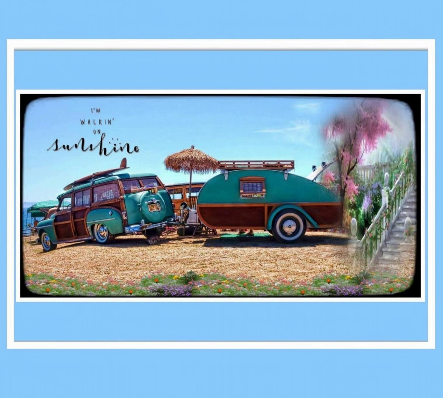 Prompt: Camping at the seashore. A nice breeze gently moves the Flowering Pink-Tea Tree adjacent to the beach stairway at the right.  "I'm walking on Sunshine" font must be clear to read in English. 