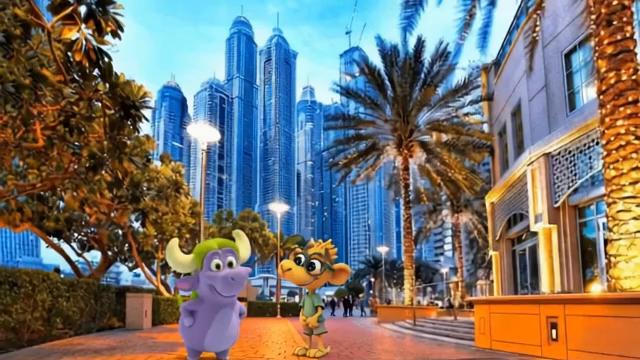 Prompt: Two friendly 3D animated characters — a purple buffalo with green hair and a yellow camel-like character with large glasses — are standing on a beautifully lit pedestrian path in a modern cityscape resembling Dubai. The characters are having a cheerful conversation. The buffalo gestures as it talks, while the camel character listens and smiles. The background includes palm trees and tall futuristic buildings with blue glass facades. The scene is peaceful and clean, with no cars, traffic, or additional objects in the environment. Cinematic lighting, evening atmosphere, soft shadows, Pixar/Disney style, animated in 3D.

🎯 Motion Direction (Pika Specific):

Character 1 (buffalo): hand gestures as it talks

Character 2 (camel): nods and smiles

Slight camera zoom-in during dialogue

Subtle breeze in palm trees

🚫 Negative Prompt:
cars, buses, crowd, noise, trash, clutter, bad lighting, blurry textures, photo-realistic style, sad expressions, violence, weapons