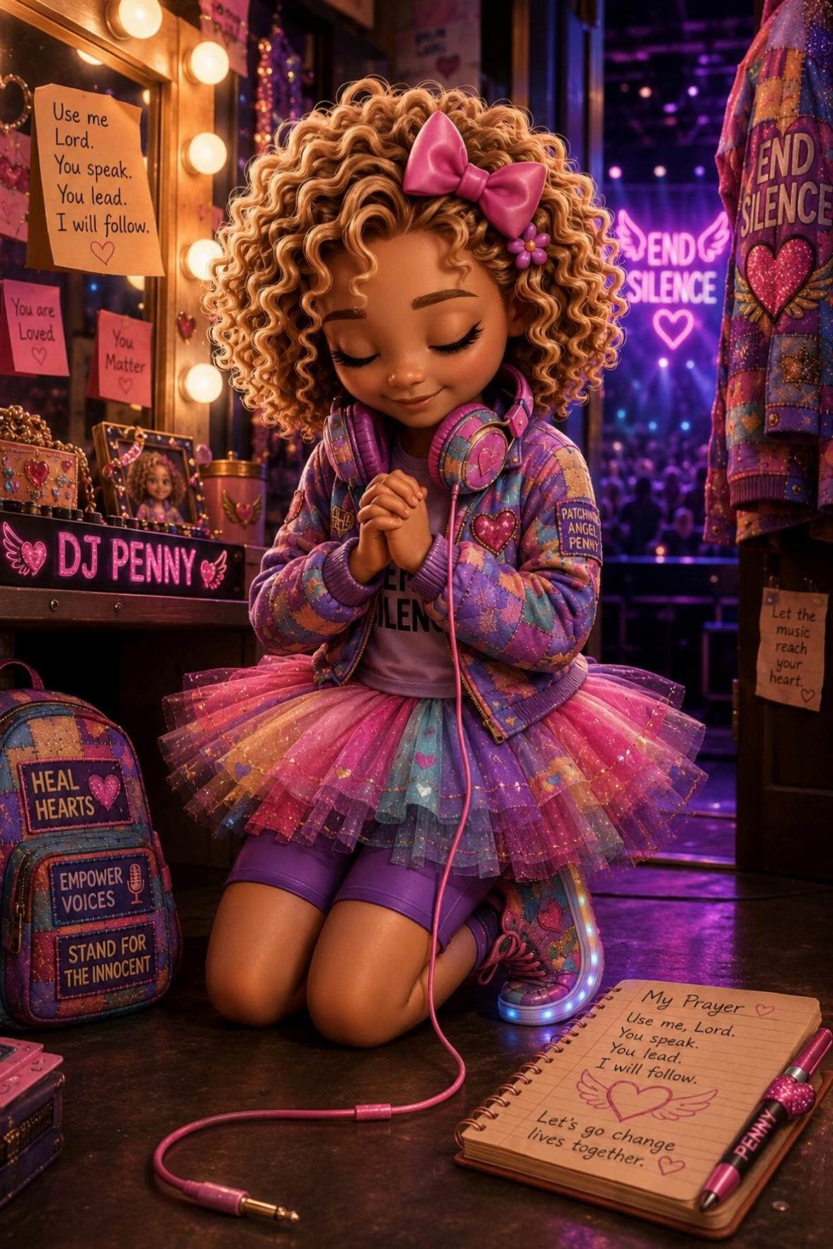 Prompt: 🎵 *Upbeat hopeful music with sparkle sounds and crowd ambience building underneath*
[Opening shot — Penny peeks out from backstage holding her headphones]
**DJ Patchwork Penny:**
“Heyyy, my beautiful friends! 💖
Guess what?!”
[Quick spin transition — neon lights flash behind her]
**DJ Patchwork Penny:**
“I finally have my very own page now… and I would LOVE for you to come hang out with me!”
[Shots of Penny dancing, waving, adjusting her headphones, smiling at the camera]
**DJ Patchwork Penny:**
“We’re gonna share music… hope… healing… laughter… prayers… and reminders that YOU matter.”
[Cut to glowing END Silence sign]
**DJ Patchwork Penny:**
“Because together… we shine light into dark places.”
[Camera slowly pushes in]
**DJ Patchwork Penny (softly):**
“So come check me out at…”
[Big glowing on-screen text]
**@PatchworkPenny**
[Final shot — Penny points toward the screen with a playful smile]
**DJ Patchwork Penny:**
“Follow along, join the movement, and let’s change lives together. 💕”
[End screen]
✨ Patchwork Oniverse™
✨ END Silence
✨ “Together — We Can Change Everything.”