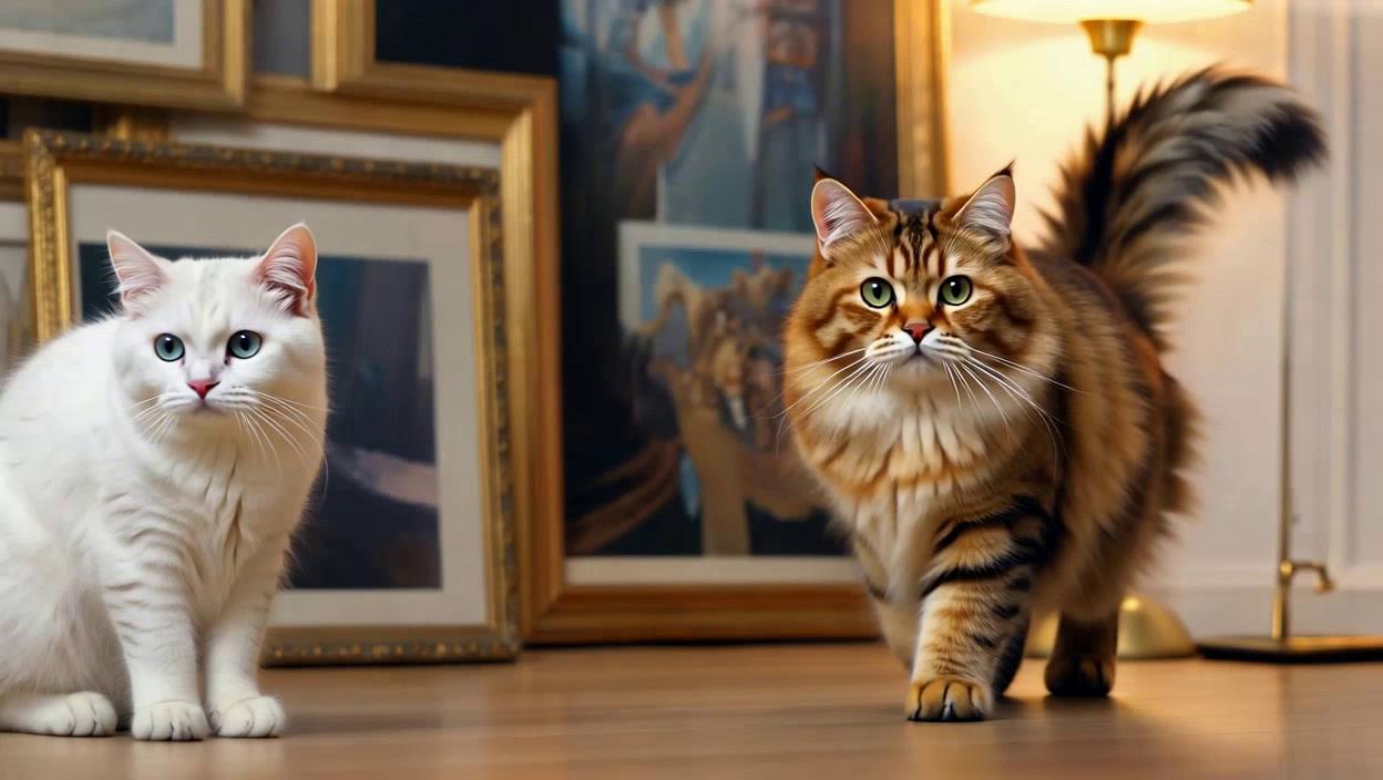 Prompt: Once upon a time, a strong and majestic ginger cat wandered into an art gallery. There, among the soft lights and quiet paintings, he met a graceful white cat whose elegance left everyone in awe.

The moment their eyes met, it was love at first sight — a spark that needed no words.

Their story soon blossomed into marriage, and before long, a tiny kitten named Camelia was born. No one could have imagined that this little ball of fur would one day grow up to become a worldwide sensation, loved and admired across the globe.