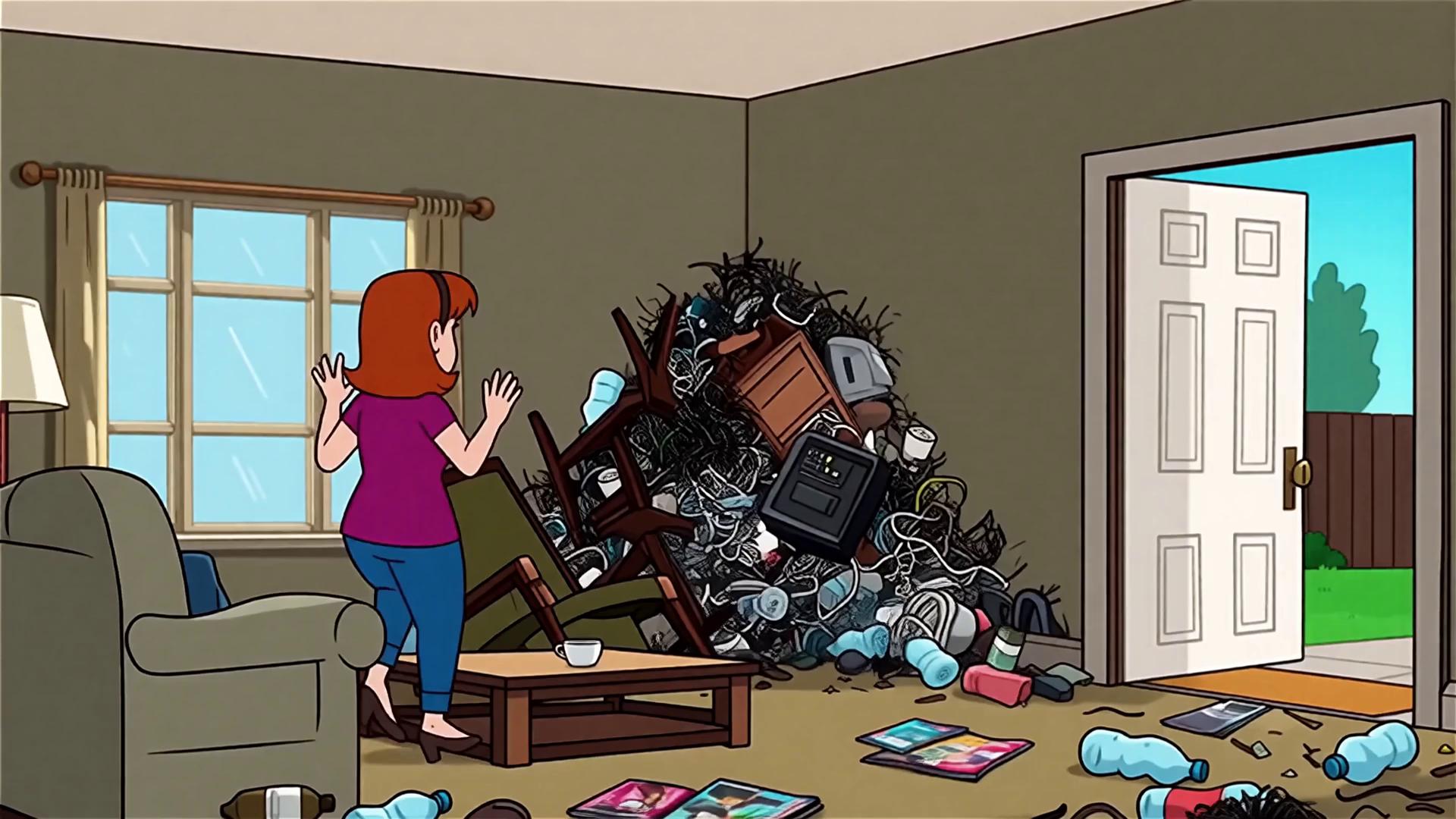 Prompt: a women has a junk monster in her home, clutter busters a junk removal company similar to ghost busters shows up to save the day. at the end it says sign up here