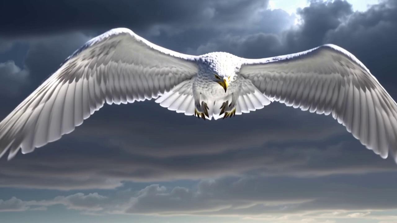 Prompt: A massive, majestic white eagle flies forward through a dark, storm-filled sky. As it approaches the camera, its enormous white wings slowly spread wide in a powerful, graceful motion. Each feather is highly detailed and moves realistically in the wind. Lightning flashes in the background, briefly illuminating the eagle and the clouds. The eagle’s flight is smooth and steady, symbolizing strength, freedom, and divine power. Cinematic, slow motion, dramatic lighting, epic atmosphere, photorealistic.