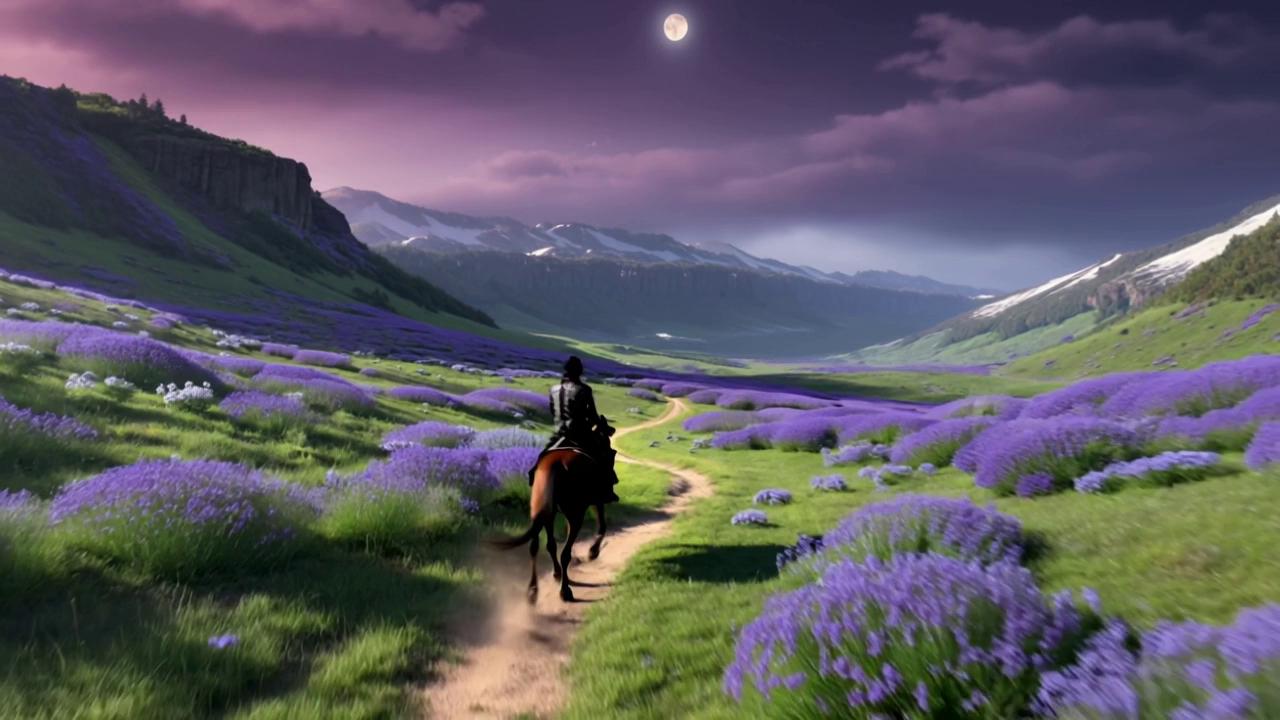 Prompt: A highway man on a horse. Lush fields of purple heather and bluebells. A lone moon- grey in a purple sky. A ribbon of a yellow path winds through the valley.