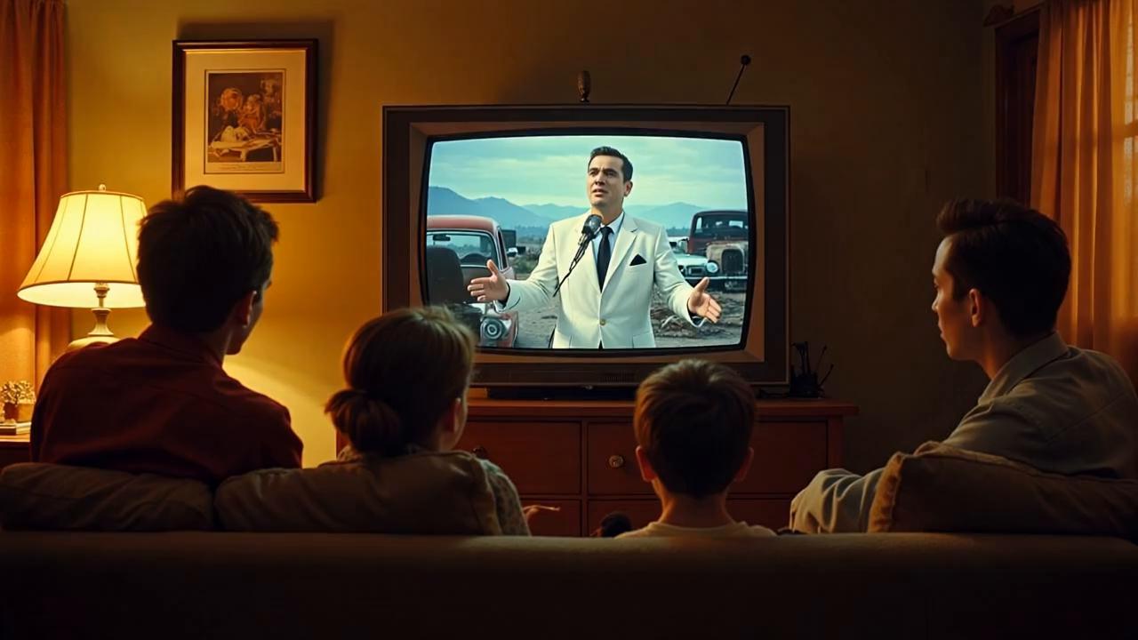 Prompt: retro style video of old white car salesman talking into microphone with lips moving, realistic, broken cars in background, lips moving fast, eratic hands, walking , entire scene playing on old tv as family watches