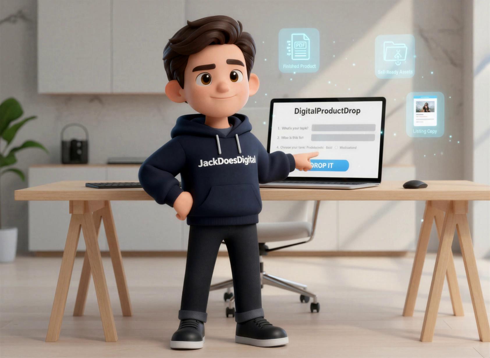 Prompt: Animate this exact image into a 6–8 second single-shot video. Keep @Jack’s face, hoodie logo, pose, and environment identical (no character drift, no scene change). Add subtle camera push-in toward the laptop screen.Motion sequence:1) Add a small cursor on the laptop screen that quickly types into the first 3 fields (fast typing effect) and then clicks the tone option (Bold).2) Cursor clicks the “DROP IT” button.3) When clicked, the three floating icons (“Finished Product”, “Sell-Ready Assets”, “Listing Copy”) pulse brighter, move slightly forward, and sparkle for 1 second (clean glow pulse, no messy particles).4) @Jack makes a tiny confident gesture: small nod + slight finger tap toward the button (very subtle).Style: smooth, clean Pixar-like 3D animation, crisp motion, no jitter, no morphing faces, no extra text added, no new objects.