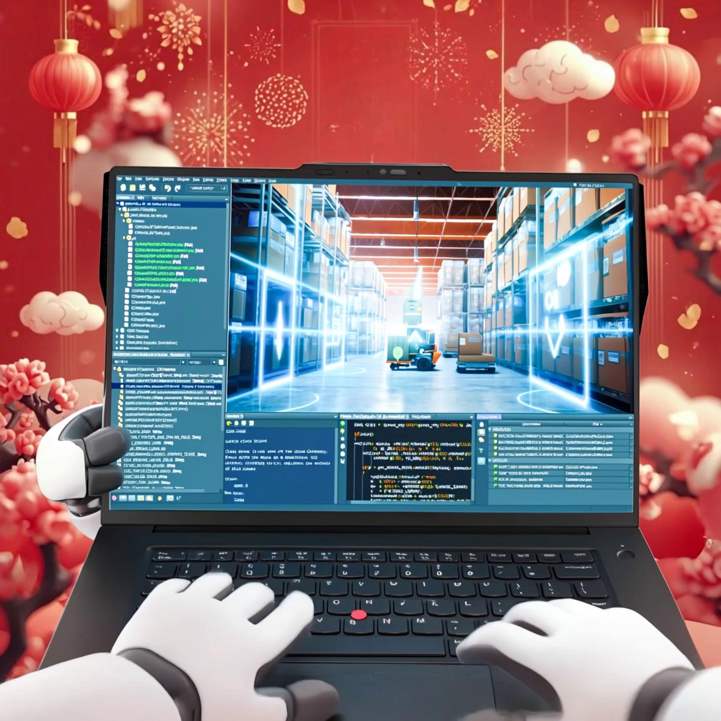 Prompt: Leverage @image-1770892172566-1 as video background. Slightly wave the red lantern and peach blossoms on the image to show the realistic vibe of spring season. Red confetti and golden coins fall endlessly from the top everywhere in the image to create bustling with excitement. Background music should be traditional Chinese New Year celebration music. Create an animation based on below:1. Starts with the @element-850829443009486899 holding the @element-854022254748500059 with one hand and the other hand typing. 2. The camera is pretending the @element-850829443009486899's point of view and zooms to the @element-854022254748500059 screen which shows the @element-850838179242049597 is interacting with the @element-850570027492311089. 3. Suddenly the @element-850838179242049597 and the @element-850570027492311089 jump out of the screen. 4. The @element-850838179242049597 gives the red envelop to the @element-850829443009486899 and end the animation with both of them facing the camera. 