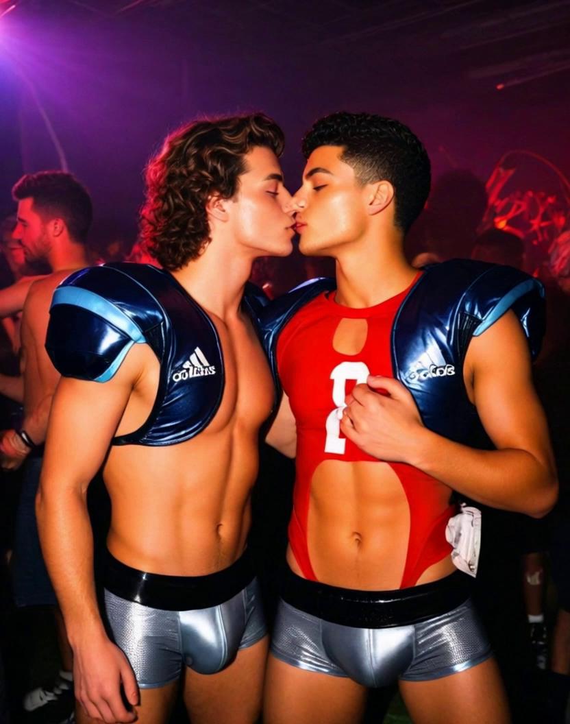 Prompt: Guys who are super high on MDMA at a rave touching and french kissing.