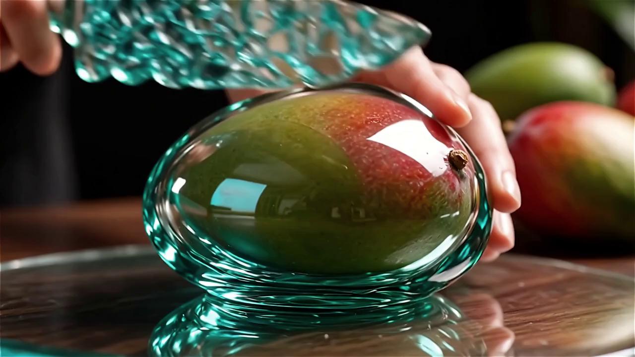 Prompt: A person slices up a mango made with shiny glass. A hyper-realistic ASMR-style video, filmed with a macro lens on a stationary tripod, featuring ultra-detailed textures, satisfying cutting sounds, and cinematic lighting.