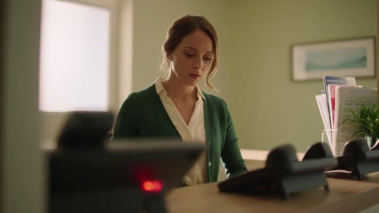 Prompt: A female receptionist in her early 30s sits at a small clinic reception desk in a local, personal medical office, the space warm and welcoming rather than corporate. A few neatly arranged medical brochures rest on the counter beside a small green plant near the reception window. Soft natural daylight streams in from the side, illuminating warm neutral tones with subtle green accents throughout the room. Medium-wide cinematic shot from slightly off-center, slow subtle handheld movement for realism, shallow depth of field focusing sharply on her face while the ringing desk phones blur slightly in the foreground. Three desk phones begin ringing almost simultaneously, their tones overlapping to create gentle urgency. She quickly picks up one receiver while the other two continue ringing beside her. Her shoulders are slightly tense; her expression shows visible pressure and mental overload, yet she remains polite and professional. She takes a short controlled breath before speaking into the phone. Natural human acting, emotional realism, high-detail cinematic commercial style, 4K quality. Audio: overlapping phone rings with slight tonal variation, soft ambient clinic sounds in the background, faint rustle of paper, her steady breath before she says calmly, “Good morning, how can I help you?”