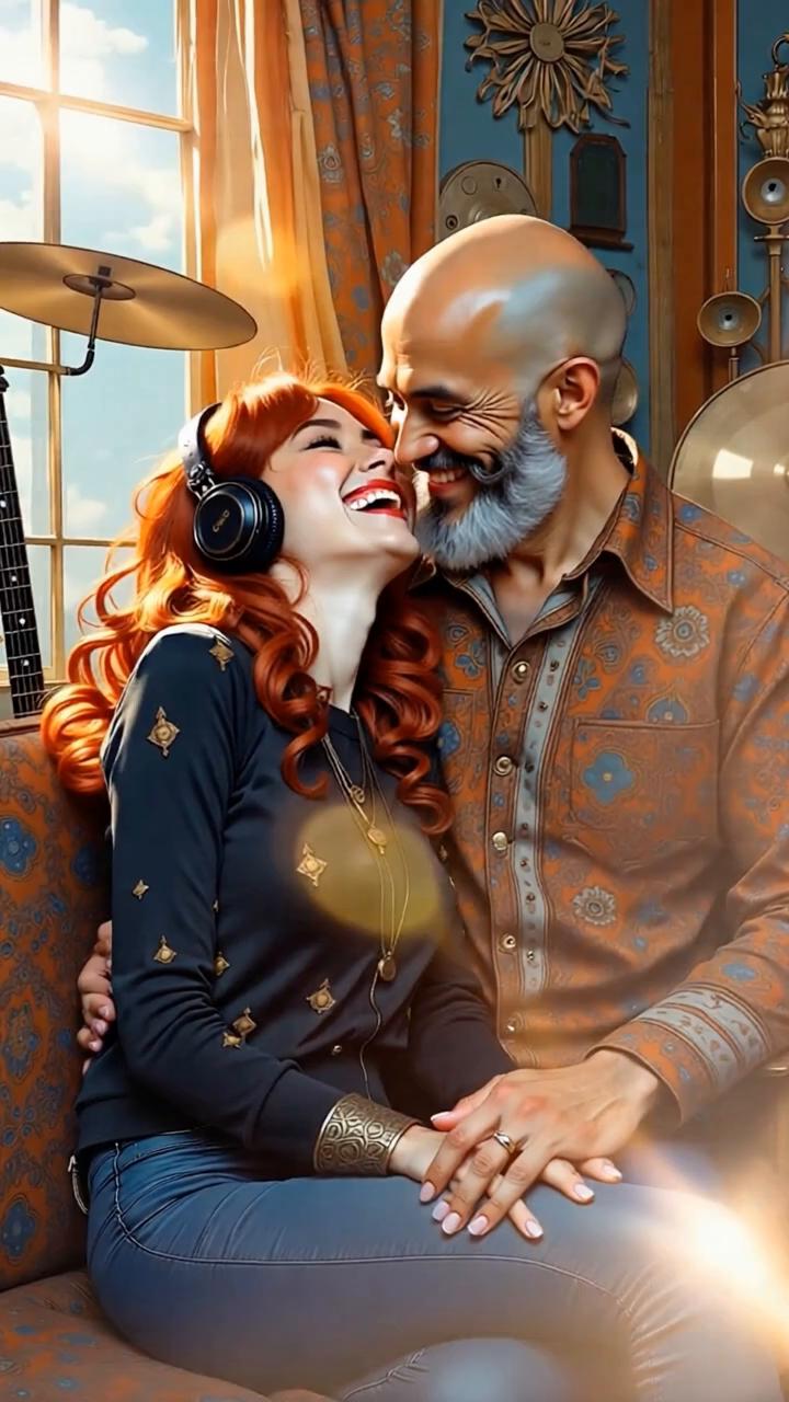 Prompt: Camera holds close on their faces. The woman leans in slowly and plants a soft kiss on the man’s cheek. He closes his eyes briefly, exhales with a subtle, contented “hmm.” She rests her forehead gently against his. Camera pulls back slightly as they both smile, still touching. Fade to light.