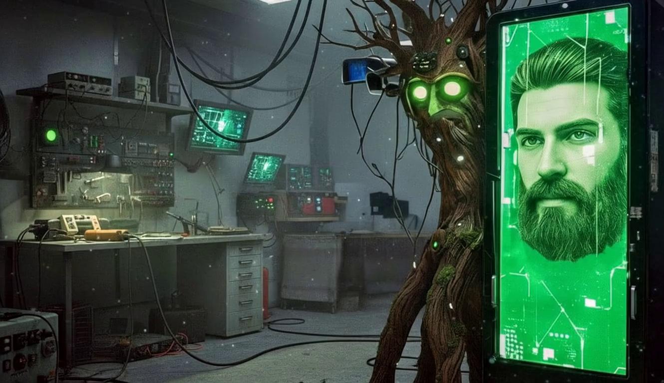 Prompt: static camera, a holographic face is talking. electronics are blinking