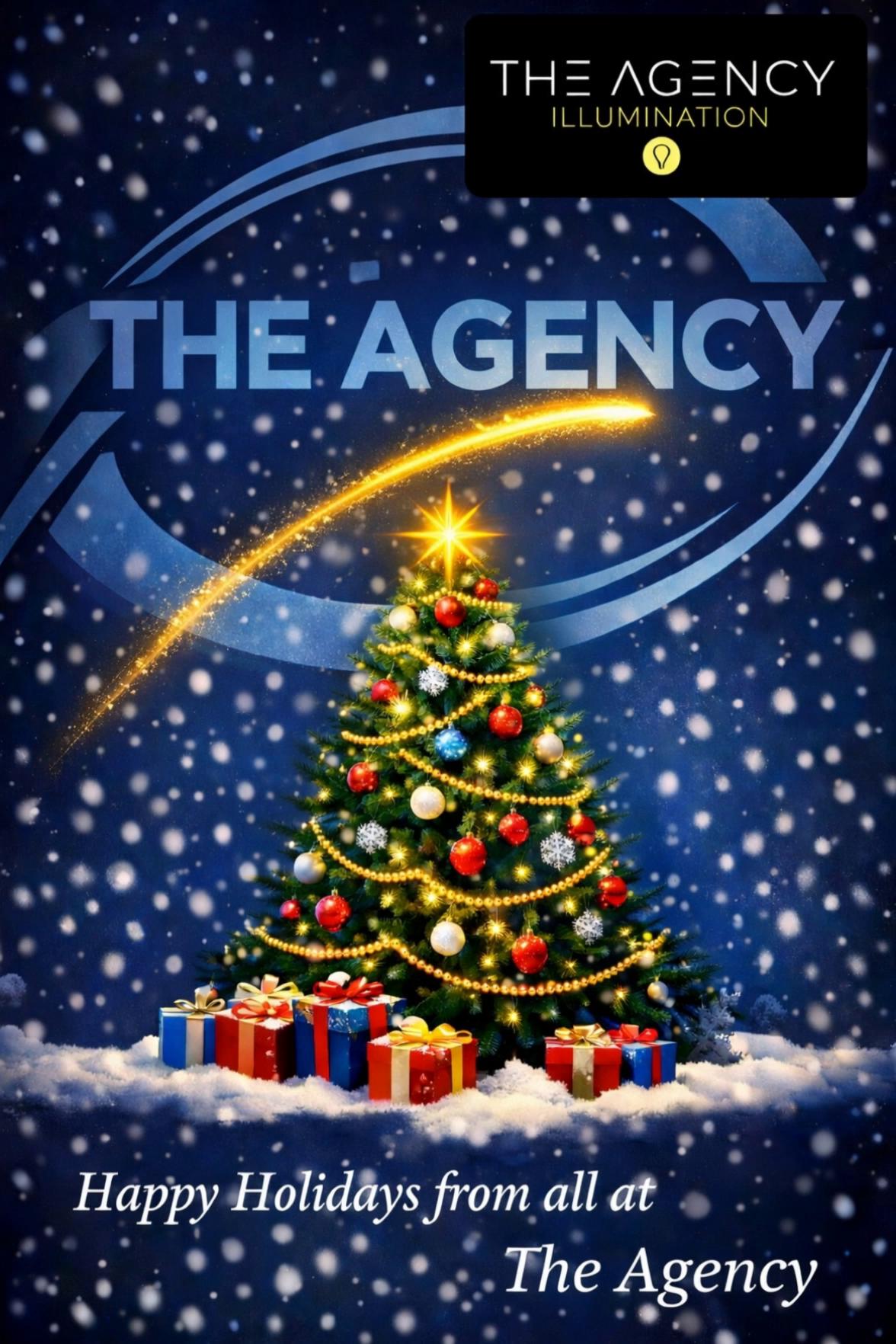 Prompt: have the shooting star fly from left to right and then land on top of the tree. then have the Agency logo pulse larger at the end