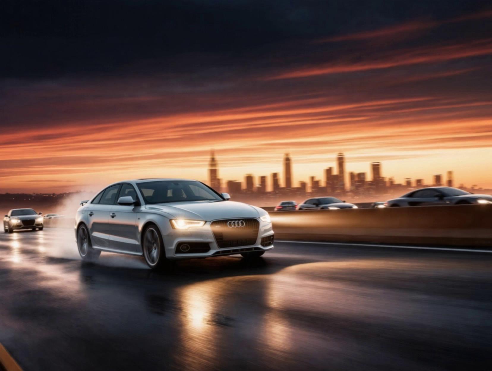 Prompt: A silver Audi sedan in a high-speed car chase at sunset, racing through a dense city street. The car performs an epic evasive maneuver—hard drift around a sharp corner, rear tires smoking as the sun dips below the skyline. Warm orange and purple sunset light floods the scene, long shadows stretching across the road. Police cruisers in pursuit with flashing red and blue lights, their reflections shimmering on the asphalt. Low-angle cinematic camera, strong motion blur, sparks flying from the Audi’s undercarriage, dramatic sense of speed. Gritty Gotham-style urban atmosphere, glowing windows, towering buildings silhouetted against the sky. Ultra-realistic, photoreal, 35mm lens, shallow depth of field, cinematic color grading, high contrast, 