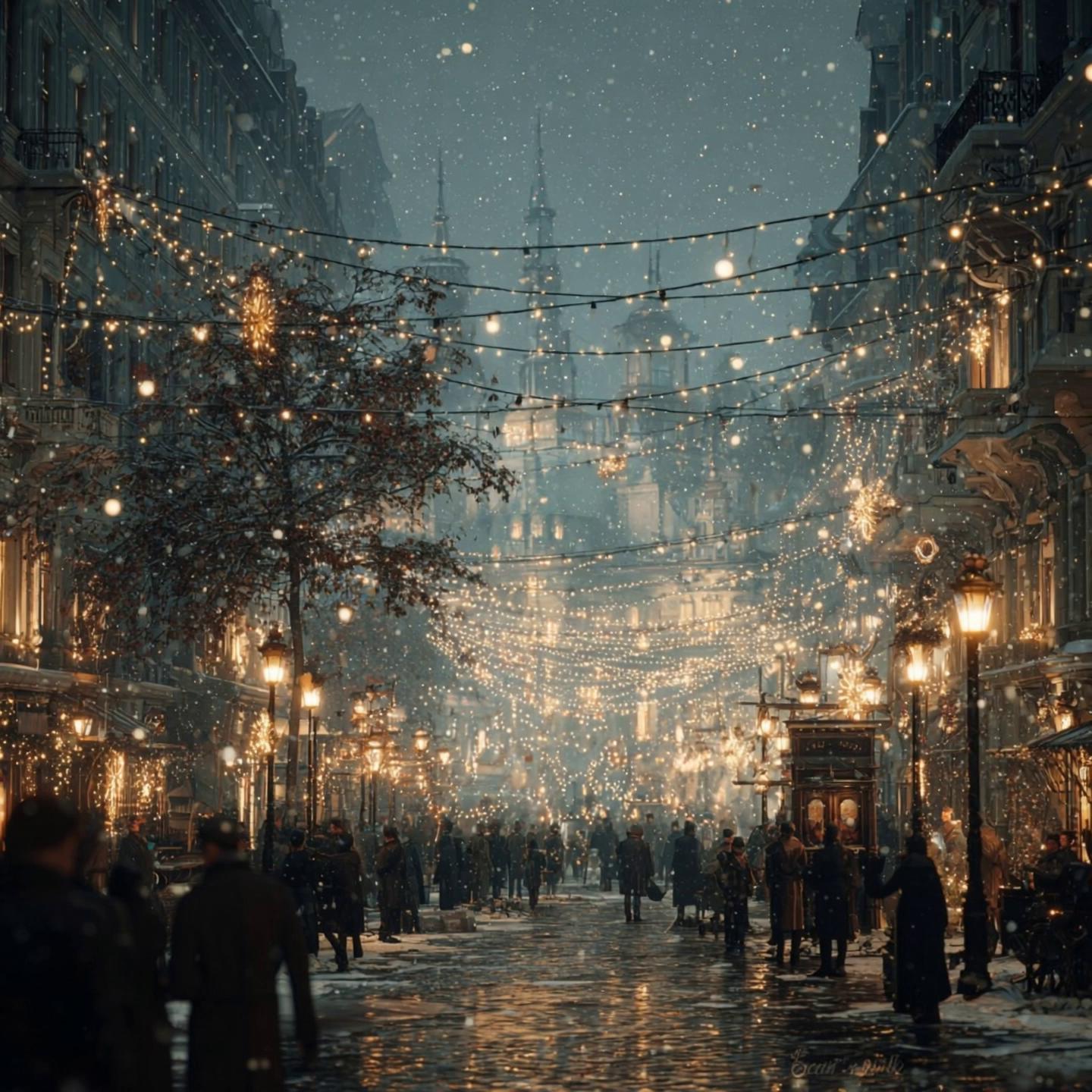 Prompt: A realistic, cinematic nighttime scene above a large city during Christmas and New Year celebrations. Below, the city is full of life. Streets are crowded with people celebrating, walking, laughing, and hugging. Warm lights glow from houses and apartments. Christmas decorations and soft holiday lights are visible. Fireworks light up the sky as people celebrate the New Year both outside in the streets and inside their homes. Above the city, high in the night sky, a large group of human-like spirits float peacefully. They appear semi-transparent, formed from soft light and mist, with realistic human shapes and gentle, happy expressions. They are not frightening or supernatural they feel loving and calm. The spirits look down toward the city with warmth and affection, watching the people they love celebrate together. Some spirits smile softly, others show quiet joy in their eyes. Lighting: Natural city lights and fireworks illuminate the scene. Soft moonlight highlights the spirits gently. Mood: Emotional, peaceful, joyful, and heartfelt. Style: Photorealistic cinematic realism. High-detail CGI, natural lighting and shadows. Wide-angle cinematic composition. Natural colors, no cartoon style, no horror elements.