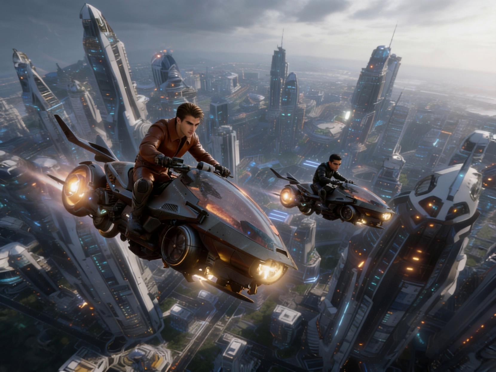 Prompt: Continuation scene: Hunter and Blake race each other on flying motorcycles through a futuristic city skyline. They compete aggressively, weaving at high speed between towering skyscrapers and narrow gaps. Each rider is on a different motorcycle, engines roaring as they tilt sharply, dive, and climb through the air. The chase is thrilling and dangerous, with near misses, sudden turns, and dramatic drops above the city streets far below. Cinematic camera movement, fast tracking shots, dynamic angles, realistic motion physics, sharp focus, no blur. Epic, adrenaline-filled atmosphere with realistic lighting and scale.
