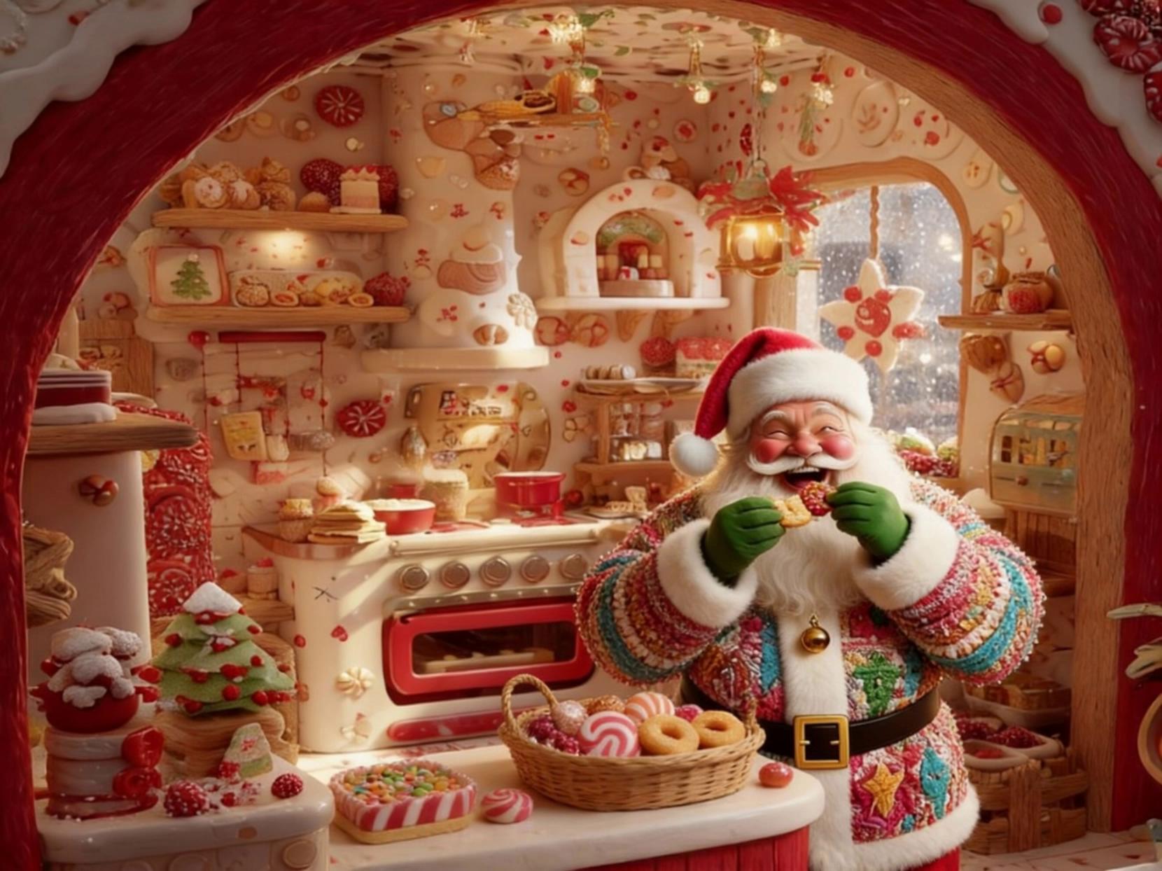 Prompt: santa is biting the wall, because the wall is made of cake. he secretly bite, eats the wall on sly

cute, funny