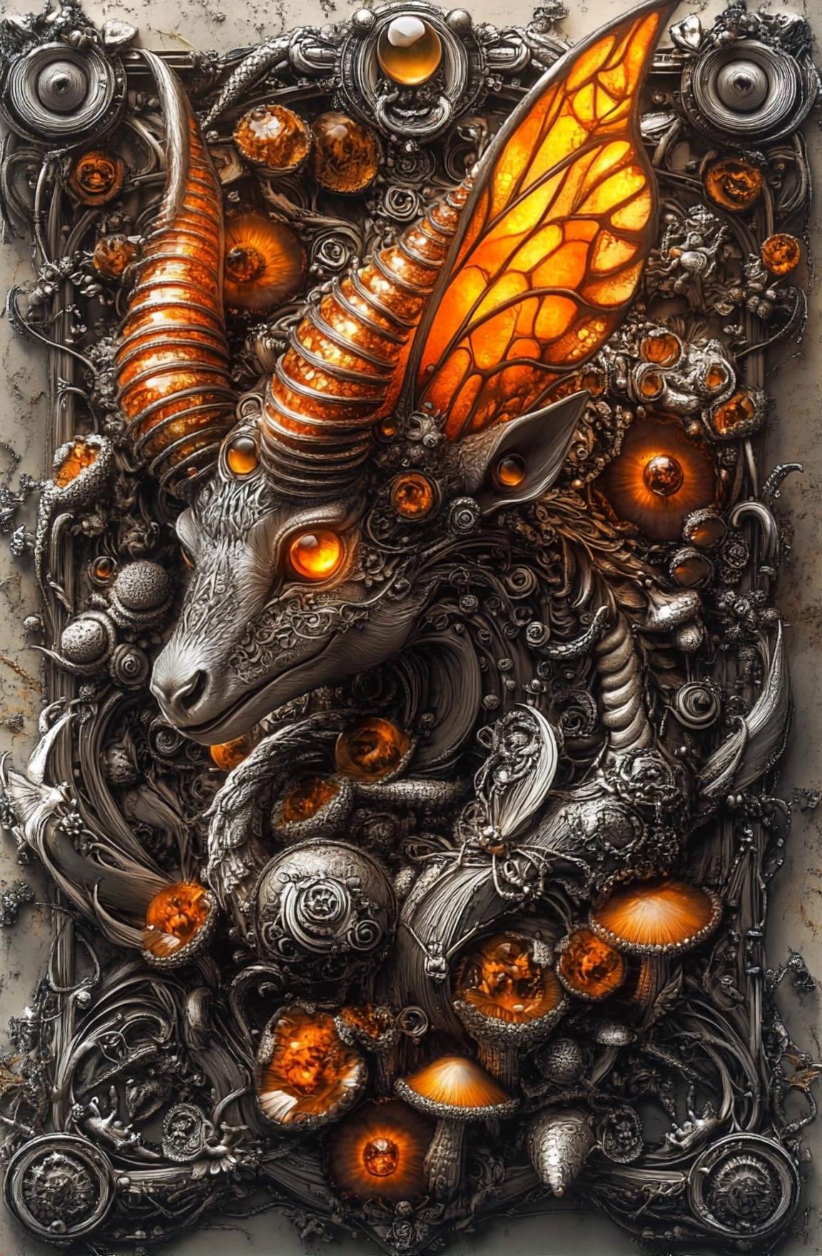 Prompt: the creature moves its head and looks around, blinking, licking its lips. its ears glowing like fire. The jewels shimmering sparkling. Its frame like mercury liquid with a slight wobble like jelly