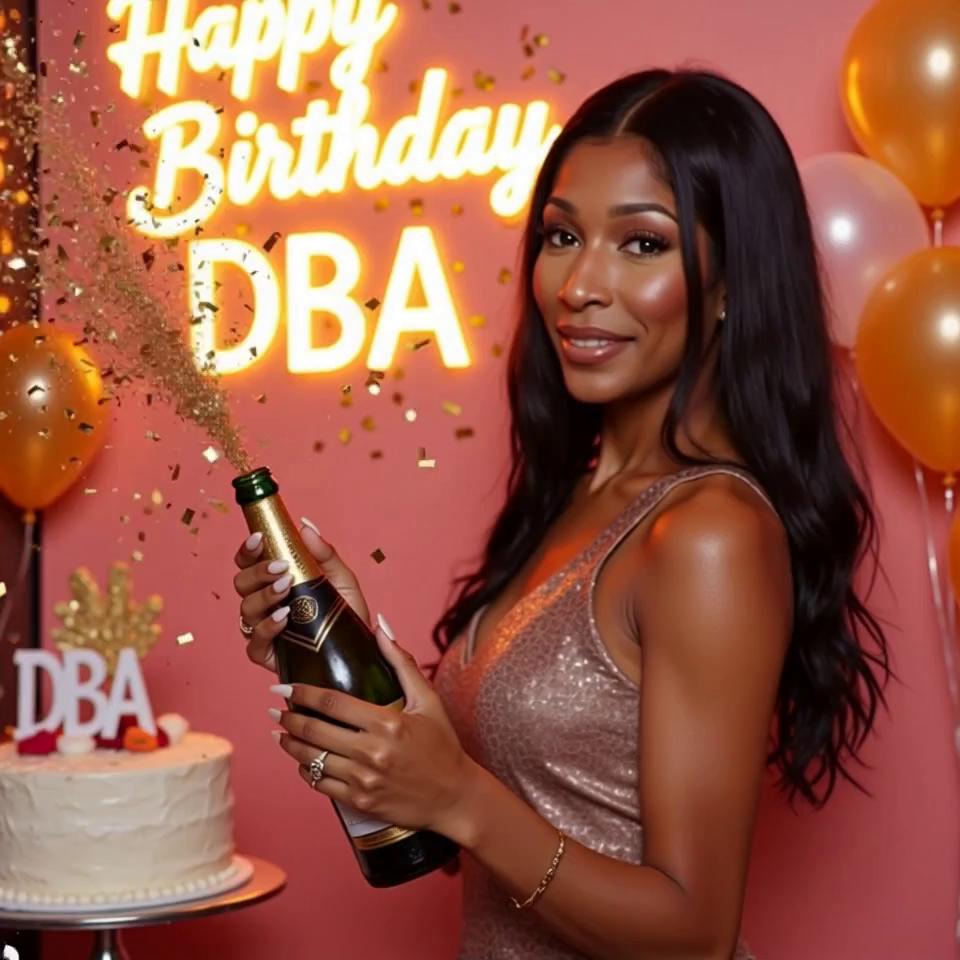 Prompt: Animate this image into a 5–10 second birthday celebration video. Start with slow zoom-in on the champagne pop, add golden confetti falling, and balloons gently floating upward. Make the ‘Happy Birthday DBA!’ sign shimmer or glow. Add subtle background motion like soft light flickers, and cake candles flickering. Keep the vibe festive, empowering, and classy with smooth transitions and an uplifting celebration feel
