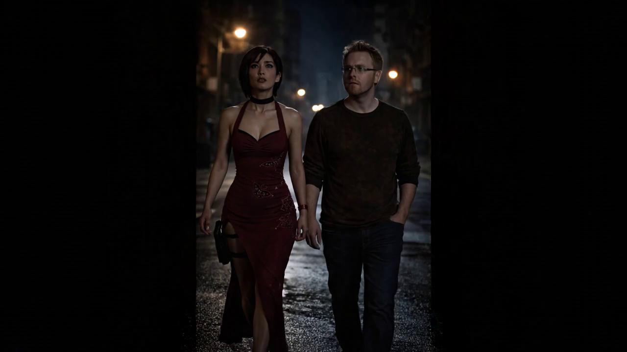 Prompt: "Slow cinematic dolly push-in shot, camera on stabilized track gliding forward with buttery smooth motion. Starting position: wide shot capturing full figures and environment. Ending position: medium-close framing on faces. Camera moves at consistent, glacial pace - taking full 8 seconds to complete the push-in, no acceleration or deceleration, perfectly steady forward motion. Two figures stand motionless on rain-soaked city street at night: woman in burgundy halter dress with black choker and short dark hair on left, man in black shirt with glasses on right. Both stare intensely forward, minimal movement except subtle breathing. Heavy rain falls in slow motion, droplets clearly visible. Lightning illuminates scene every 3-4 seconds with dramatic white flashes. Warm amber streetlights glow in soft-focus background creating bokeh. Thin atmospheric mist drifts slowly at ground level. Wet pavement reflects lights beautifully. Camera movement is the primary motion - smooth, controlled, professional dolly shot on rails. No handheld shake, no camera wobble, no sudden movements. Fluid, hypnotic forward glide. Shallow depth of field, background gradually softens as camera moves closer. Neo-noir color grading: deep burgundy, warm gold, cool blue-grey. Tense, building suspense. 8 seconds. 24fps cinematic motion."