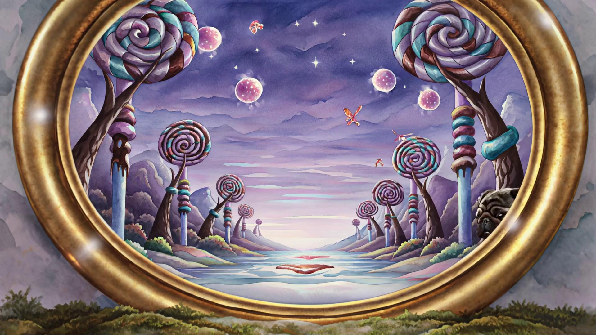 Prompt: The black pug leaves frame and walks into a magical world filled with lollipop trees - and chocolate rivers 