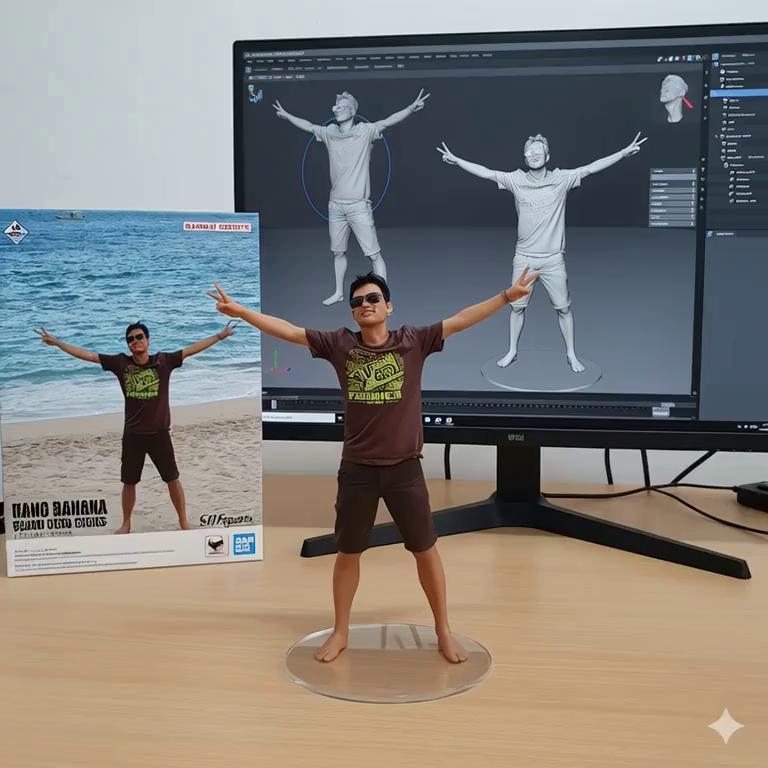 Prompt: two hands gently pickup the figure in the frame and rotate it slightly for inspection. The model on the computer screen and the model printed on the packaging box remain stationary, while all other background elements stay unchanged
