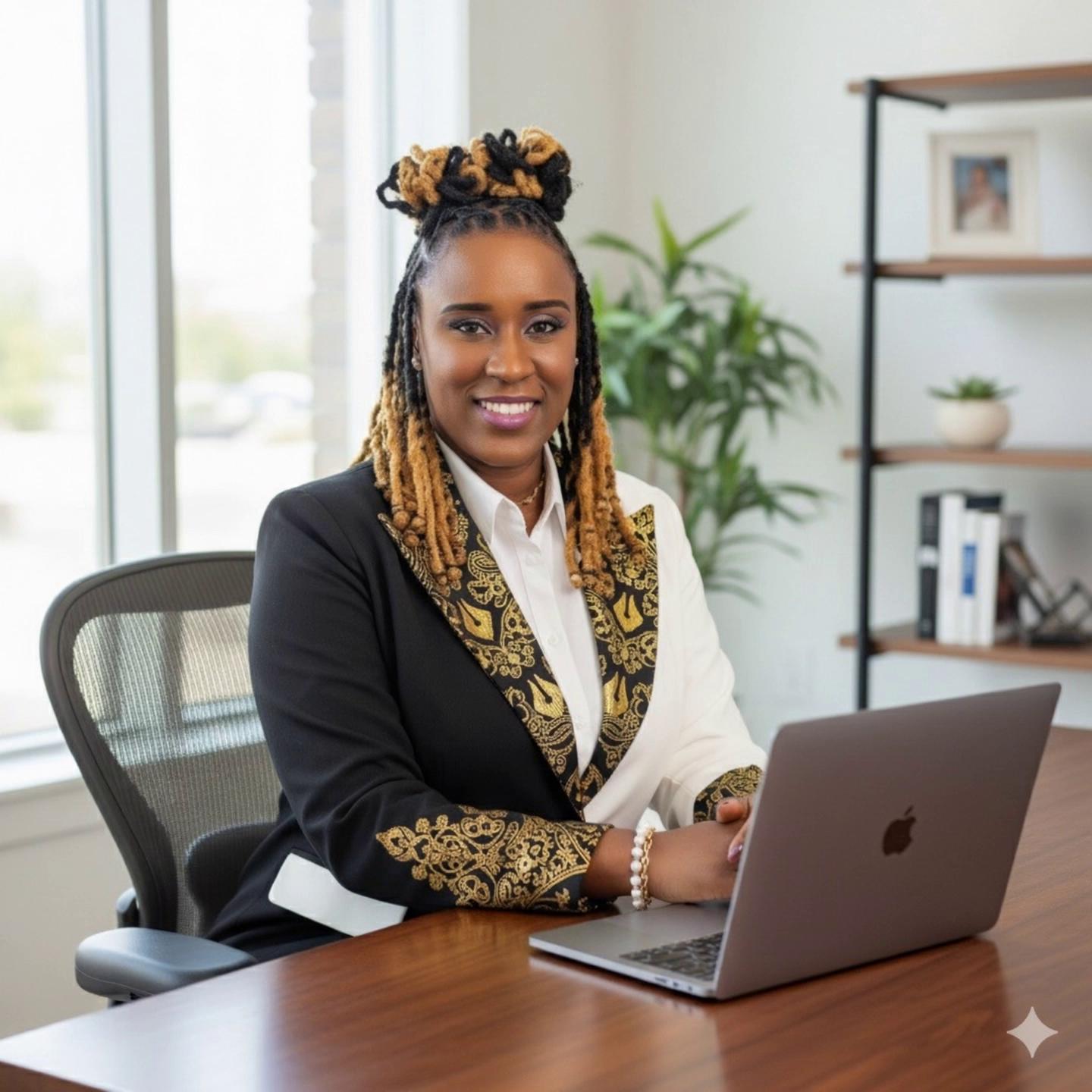 Prompt: The woman in the photo is typing on the laptop while looking back-and-forth from the screen to an open book on the table. All features in the background should not be changed.