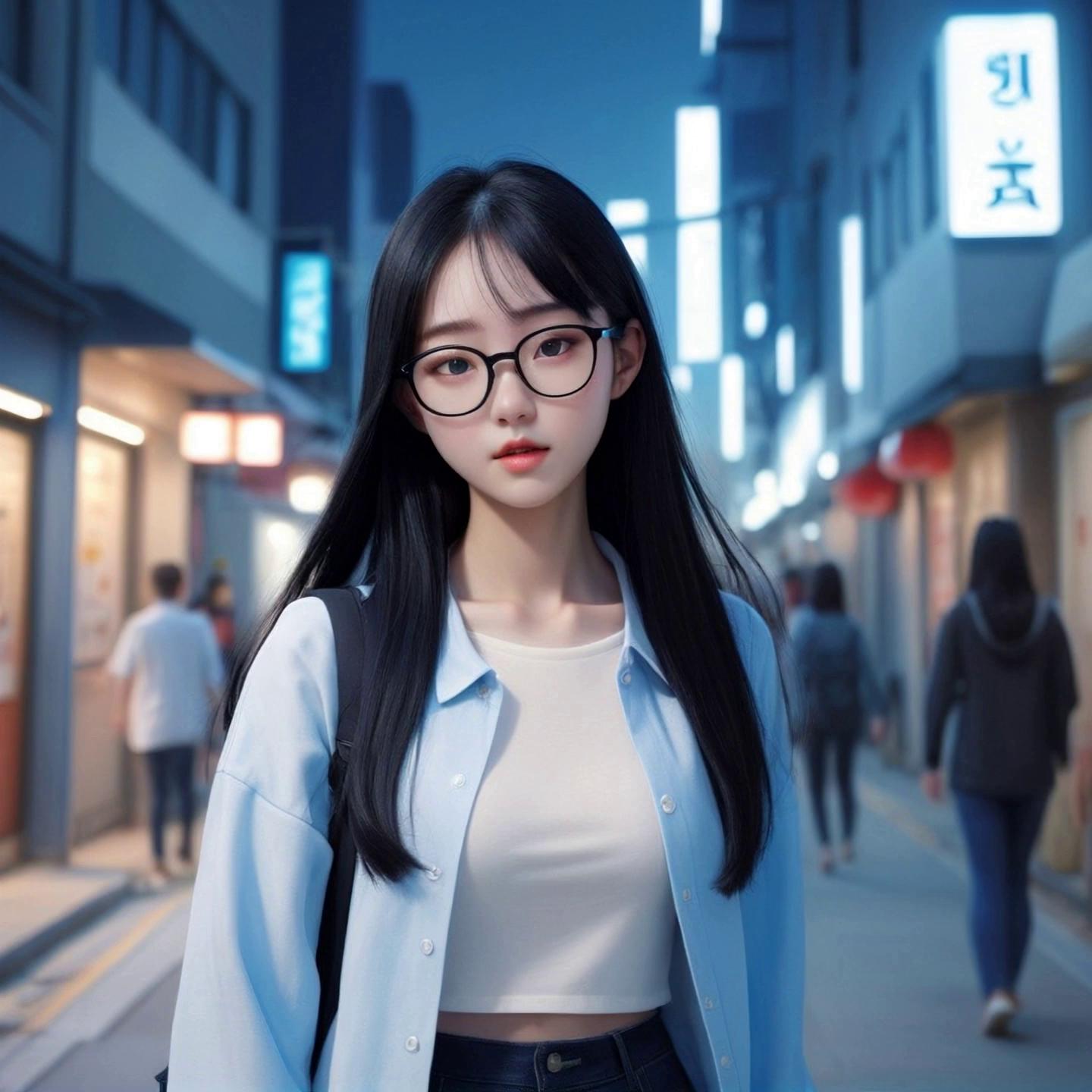 Prompt: walking in a modern Korean street, school uniform, early morning soft light, emotionless expression, subtle blue magical particles behind, wide shot, eye-level camera. shocked eyes reflecting a faint glowing blue crack in the air behind her, over-the-shoulder wide shot, realistic urban background