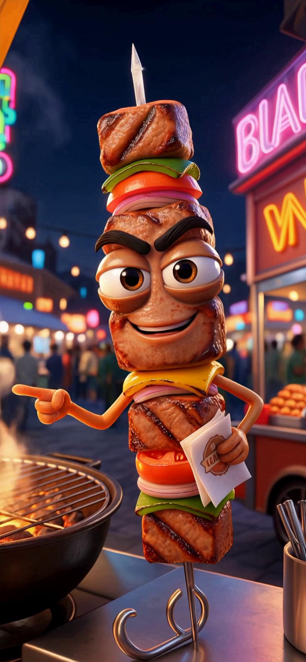 Prompt: Pixar-style 3D render of a kebab skewer standing upright on a food truck counter.	•	Eyes: wide, glossy, slightly spicy-red, full of attitude	•	Eyebrows: thick, angled with confidence	•	Mouth: smirking grin with a tiny drip of sauce at the corner	•	Arms: one hand pointing at itself, the other holding a napkin	•	Scene: neon-lit night street food market, warm cinematic lighting, shallow depth of field, steam rising dramaticall