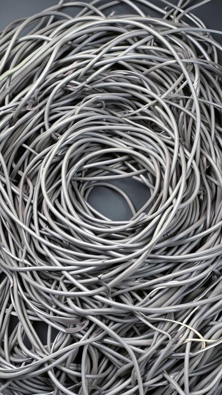 Prompt: A top-down view of a chaotic nest of thick black cables, motionless at first, then pulsing as if alive with broken analog signals. The frame shudders with interference — warped lines, flickering frames, wavy feedback, and overexposed flashes. The cables vibrate subtly, bending with invisible frequency waves, mimicking old CRT disruption or corrupted tape. Texture-heavy distortion overlays bloom and fade like blown-out signals. Analog hums and pulses ripple across the screen. No pixels, no glitches — only distortion, wave interference, ghost signals, broken modulations. Surreal, haunting, tactile. Feels like an old signal you’re not supposed to receive.