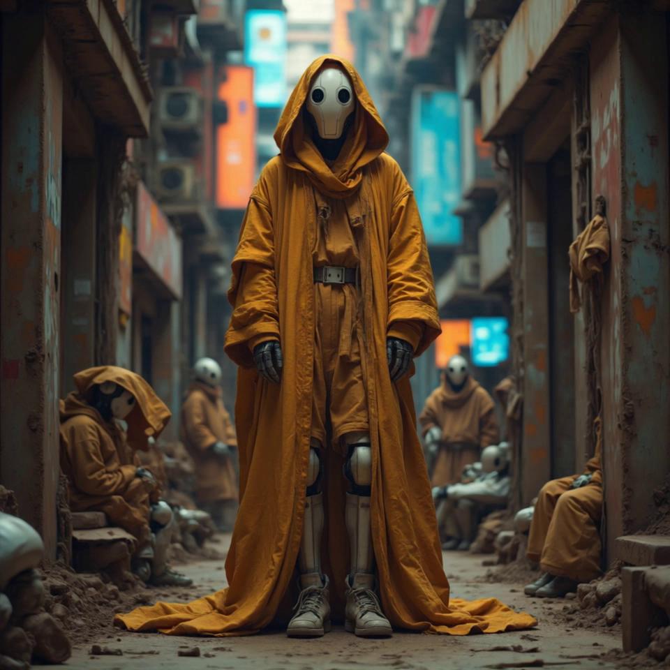 Prompt: cinematic surrealism robot humanoid 75b56013 with white robotic faces, black eyes, orange hooded robes, metallic limbs In a dimly lit, futuristic alleyway, a solitary figure stands poised against a backdrop of towering neon-lit skyscrapers, their orange hooded robe billowing gently in the cool night breeze. The character, with their smooth white robotic face and stark black eyes, appears both enigmatic and commanding, reflecting the vibrant hues of their surroundings. The metallic limbs catch the ambient glow of the city, casting intricate shadows that dance across the textured walls, ensuring that the character’s formidable presence dominates the frame, while dynamic camera angles highlight the sleek design, allowing for a complete 360-degree rotation to fully appreciate their striking, otherworldly silhouette.