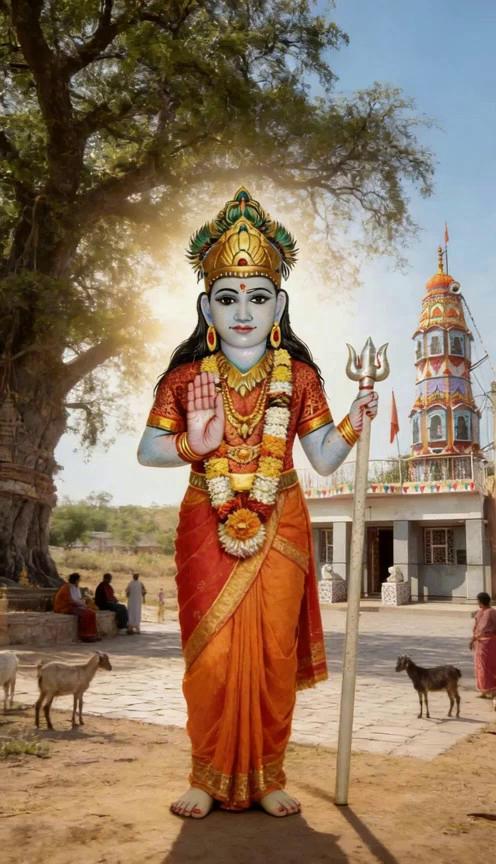 Prompt: A divine cinematic video of Shri Gigai Mata standing in front of an ancient Rajasthan village temple under a sacred tree.

The goddess stands gracefully, wearing a traditional red-orange Rajasthani saree, adorned with golden jewelry and flower garlands. Her right hand is raised in blessing (abhaya mudra), and she holds a trishul in her left hand.

A soft golden divine aura glows around her face and crown. Her expression is calm, compassionate, and powerful.

The background shows a historic rural temple courtyard, villagers sitting peacefully, cows and goats slowly moving, gentle wind flowing through tree leaves.

Camera movement:
	•	Slow cinematic forward zoom toward the goddess
	•	Slight parallax depth for realism
	•	Gentle cloth and garland movement

Lighting & Mood:
	•	Warm sunlight, soft shadows
	•	Spiritual, peaceful, devotional atmosphere
	•	Subtle glowing particles in the air

Style:
	•	Ultra-realistic devotional art
	•	Cinematic, high detail
	•	No modern elements